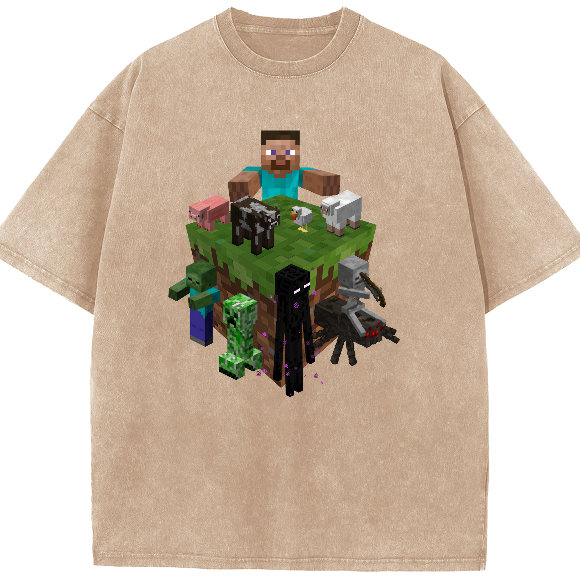 （画像用） マインクラフト ブロックの世界 Minecraft MC Block world 綿100% ヴィンテージ風 半袖Tシャツ（フロントプリント）
