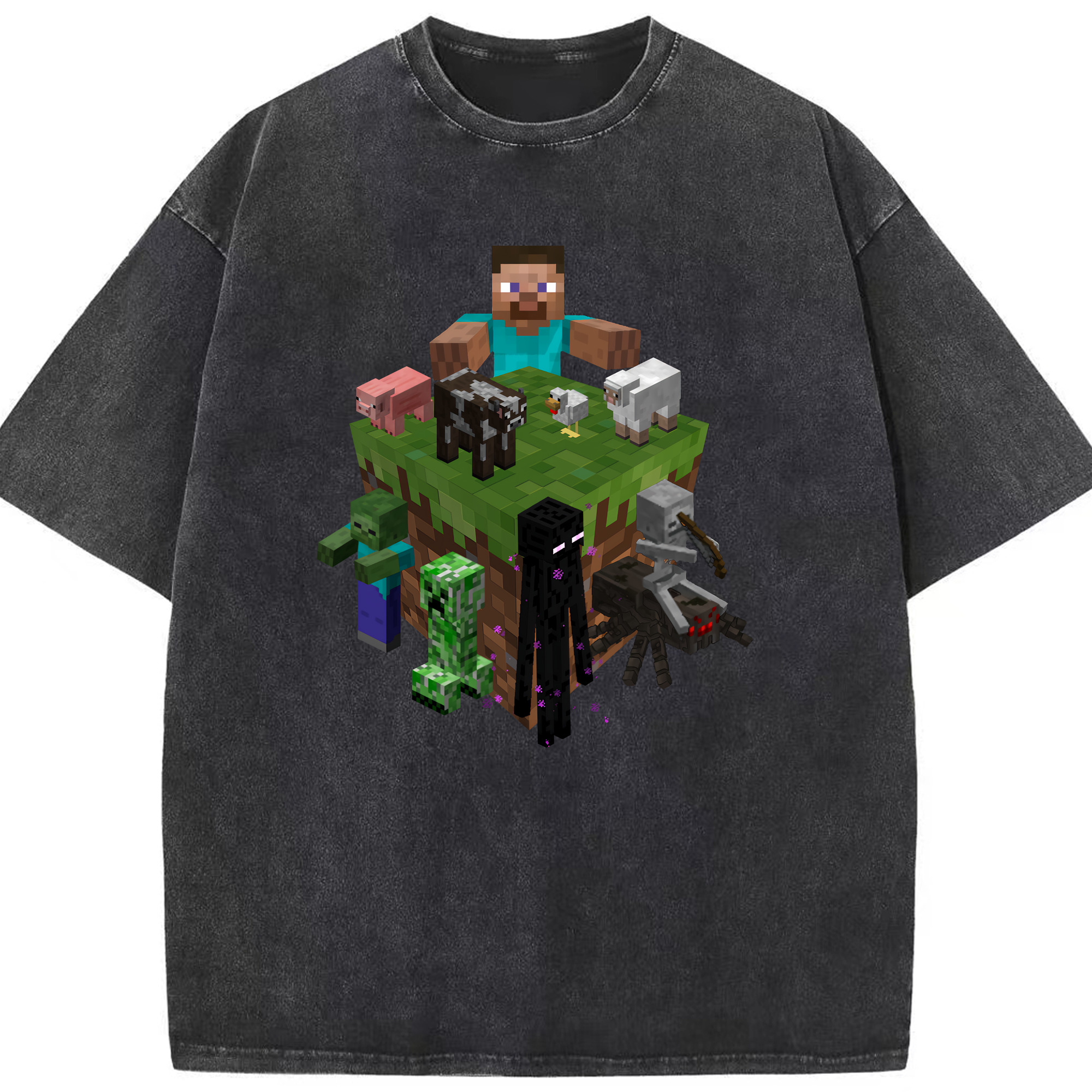 （画像用） マインクラフト ブロックの世界 Minecraft MC Block world 綿100% ヴィンテージ風 半袖Tシャツ（フロントプリント）