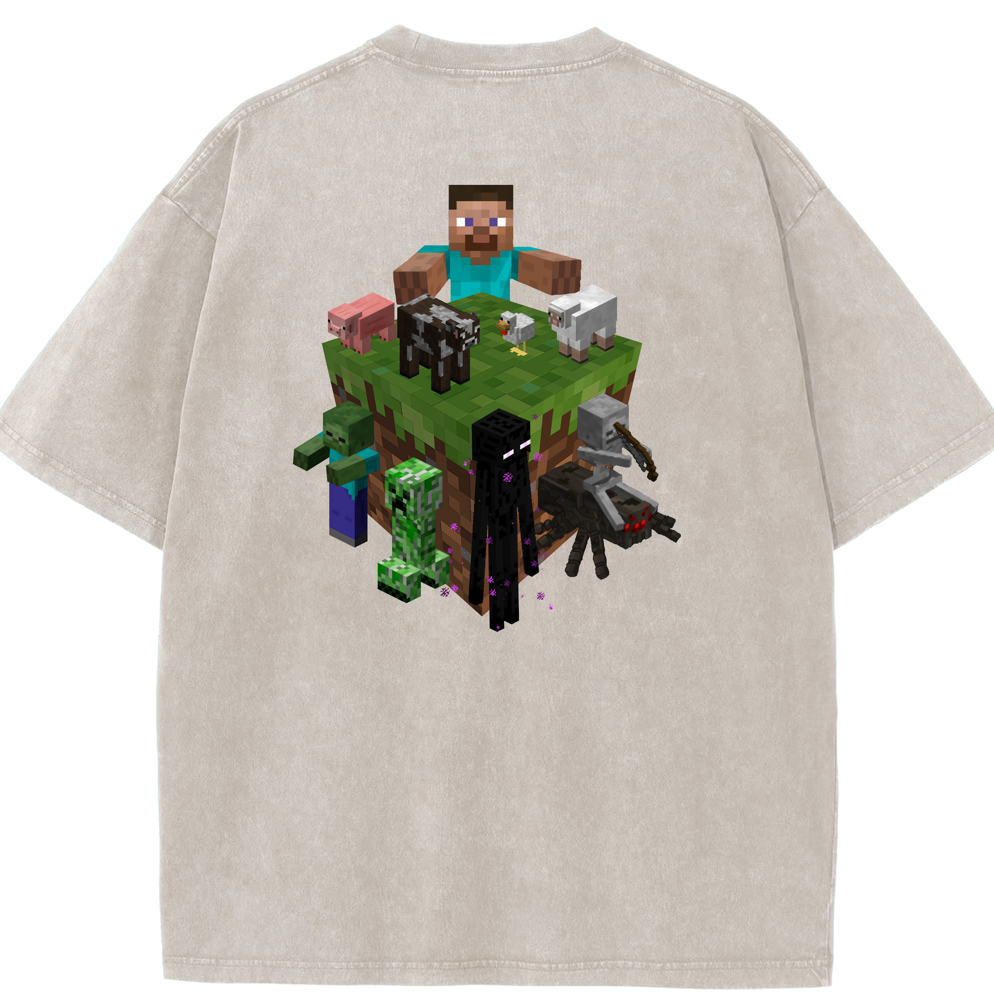 （画像用） マインクラフト ブロックの世界 Minecraft MC Block world 綿100% ヴィンテージ風 半袖Tシャツ（背面プリント）