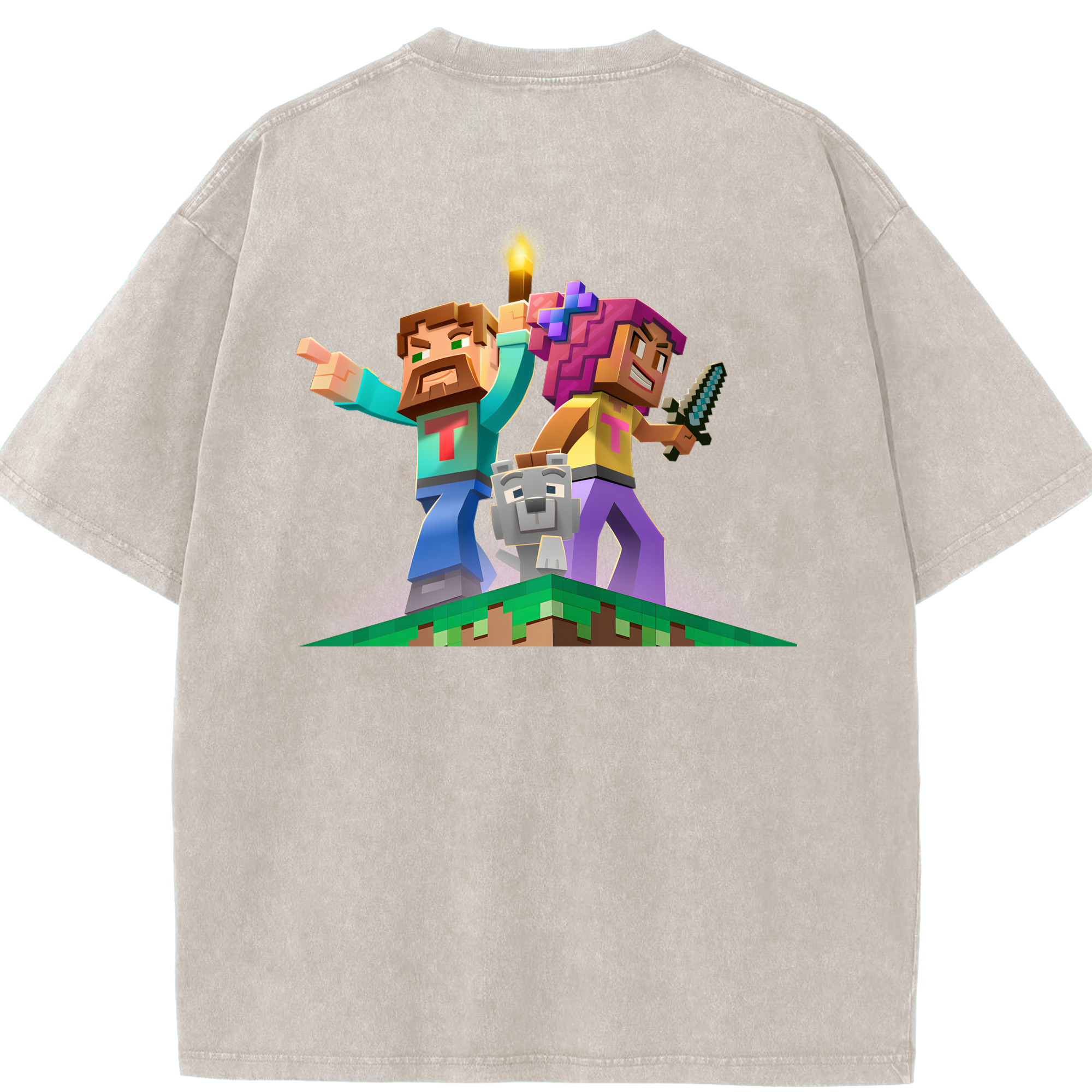 （画像用） マインクラフト ブロックの世界 Minecraft MC Block world 綿100% ヴィンテージ風 半袖Tシャツ（背面プリント）