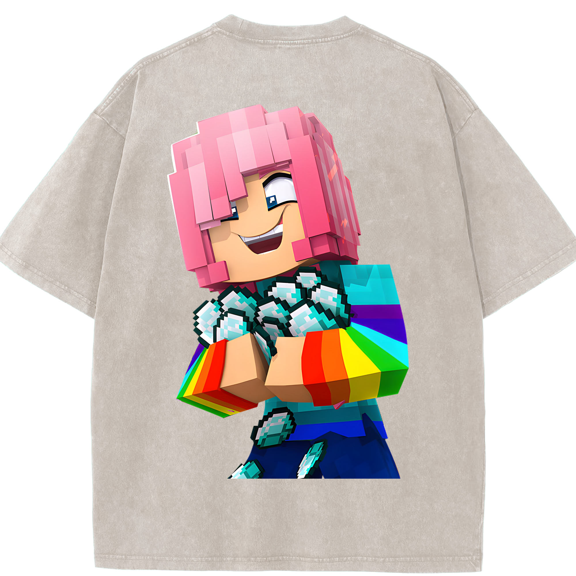 （画像用） マインクラフト ブロックの世界 Minecraft MC Block world 綿100% ヴィンテージ風 半袖Tシャツ（背面プリント）