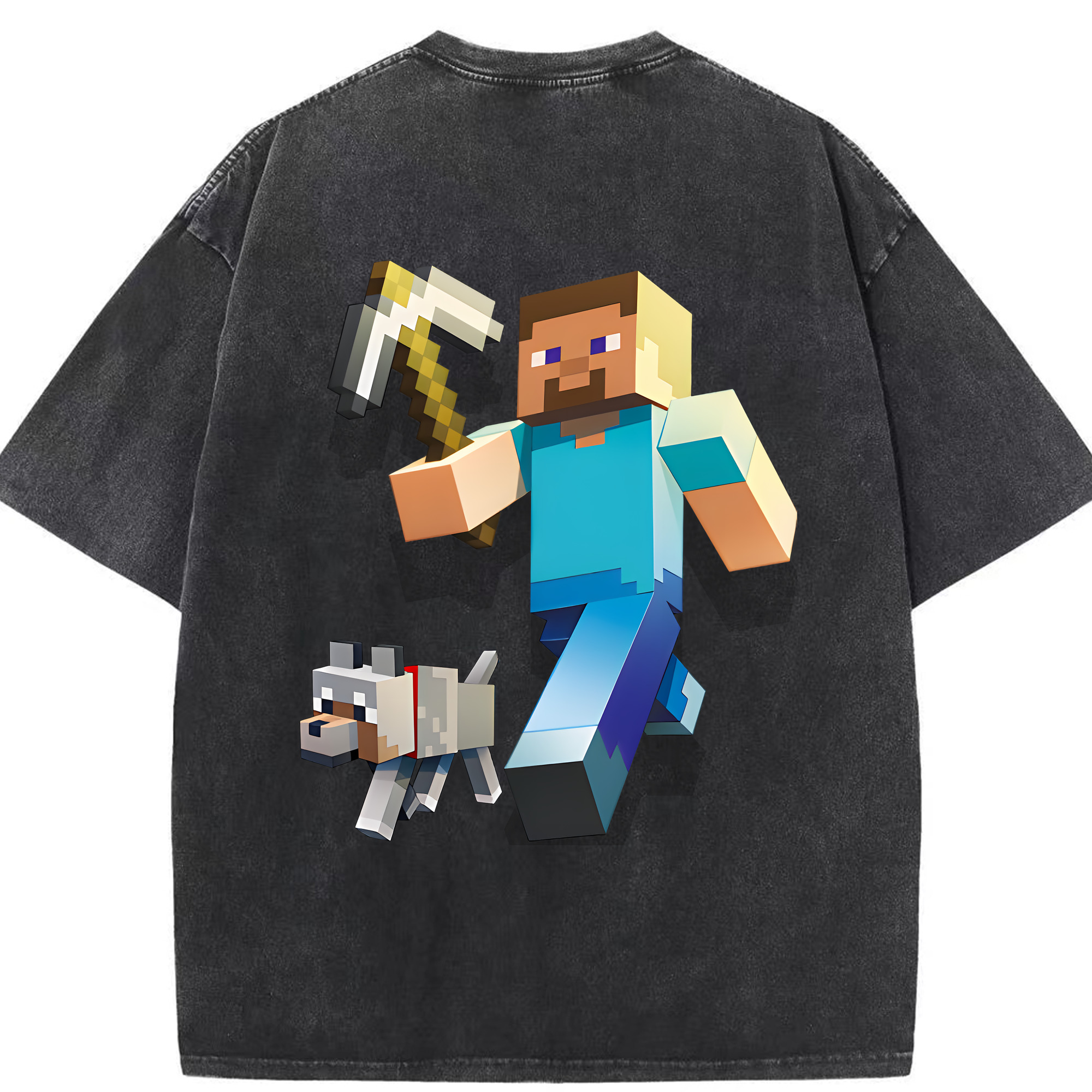 （画像用） マインクラフト ブロックの世界 Minecraft MC Block world 綿100% ヴィンテージ風 半袖Tシャツ（背面プリント）