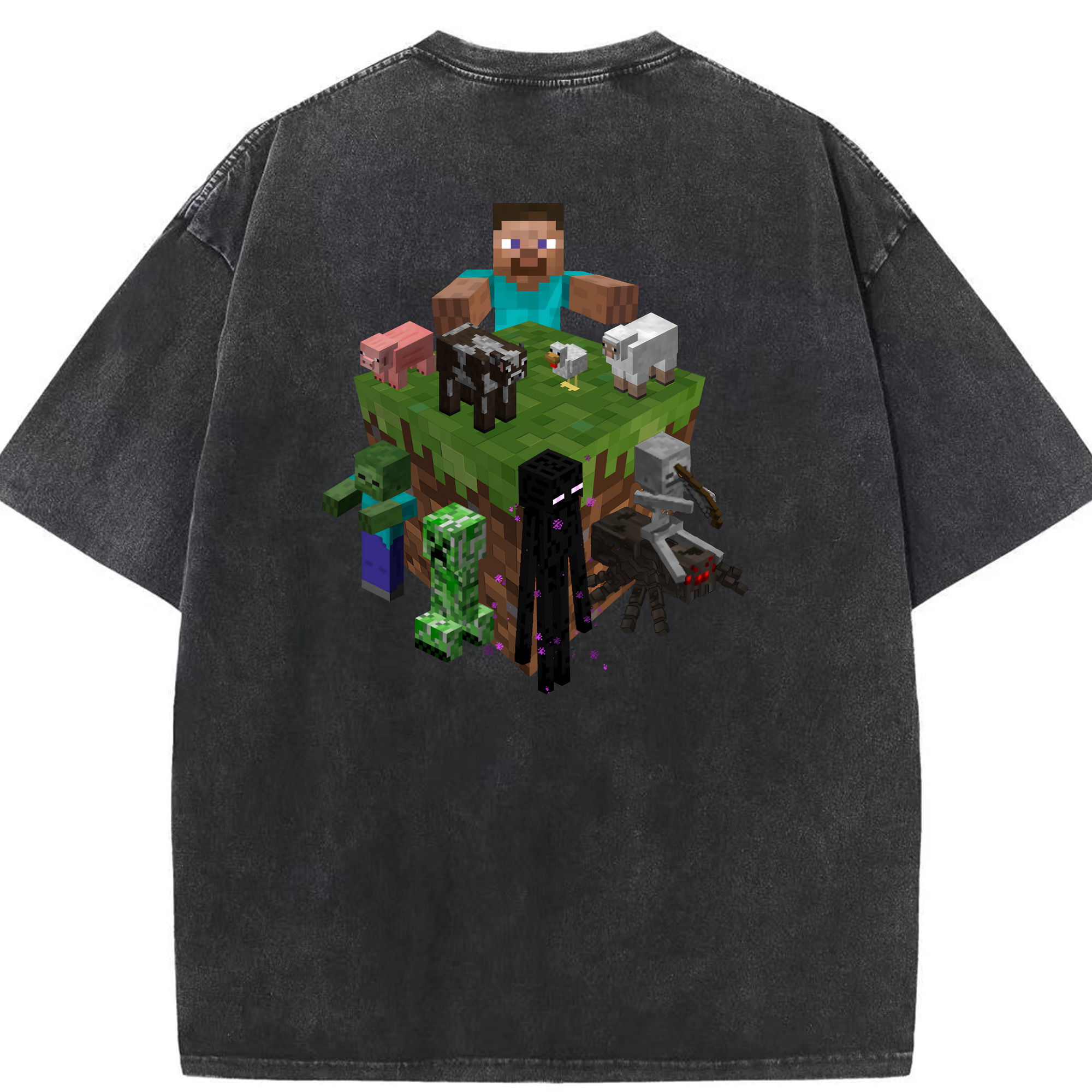 （画像用） マインクラフト ブロックの世界 Minecraft MC Block world 綿100% ヴィンテージ風 半袖Tシャツ（背面プリント）