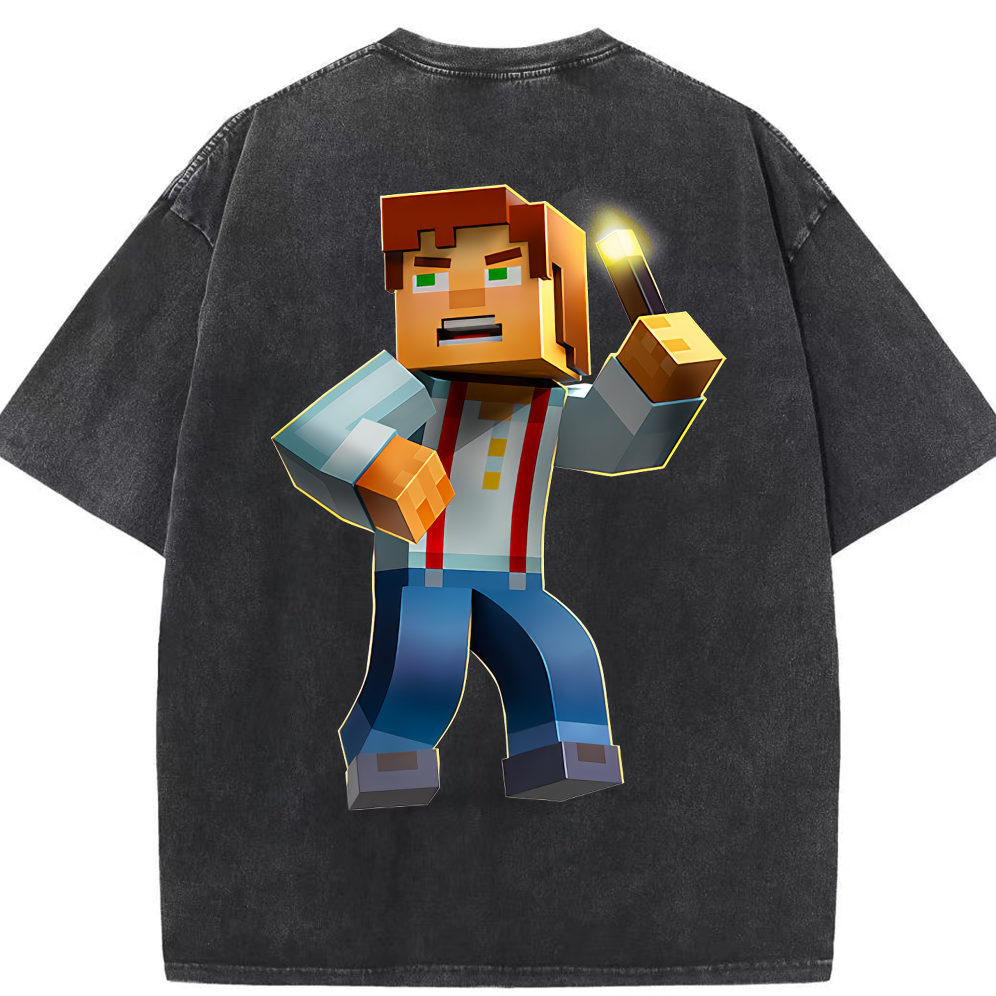 （画像用） マインクラフト ブロックの世界 Minecraft MC Block world 綿100% ヴィンテージ風 半袖Tシャツ（背面プリント）