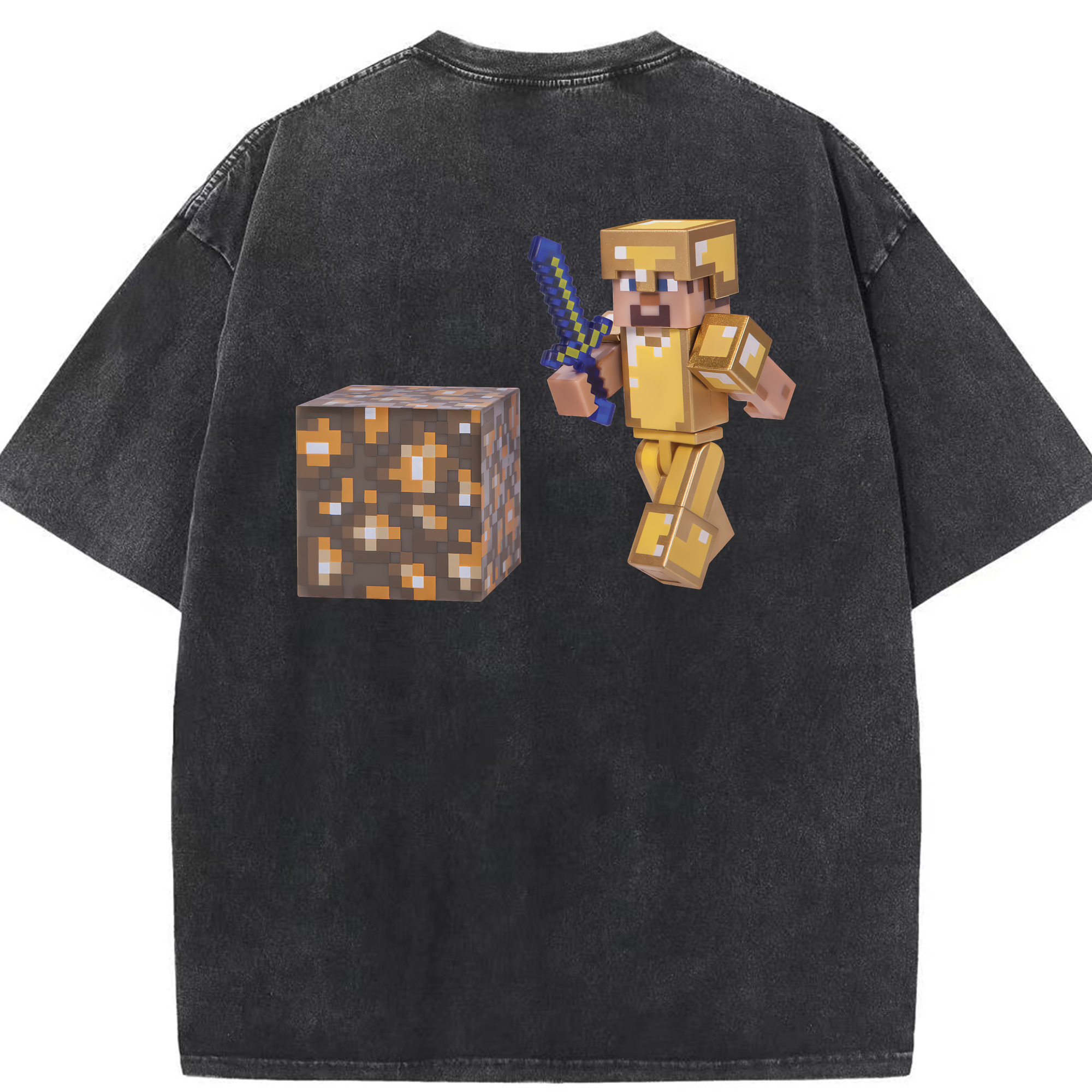 （画像用） マインクラフト ブロックの世界 Minecraft MC Block world 綿100% ヴィンテージ風 半袖Tシャツ（背面プリント）