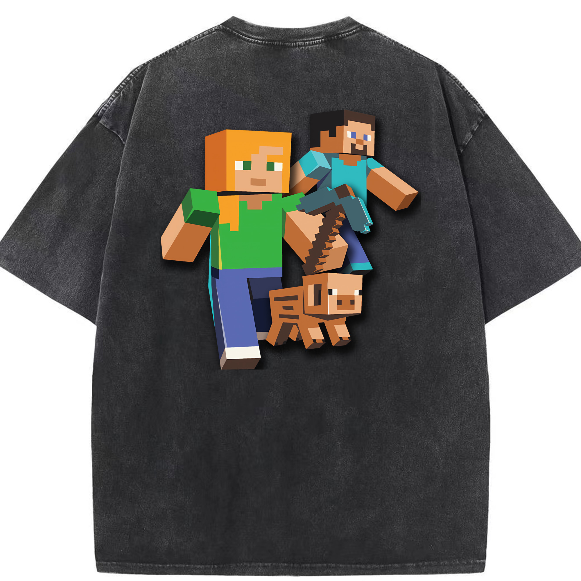 （画像用） マインクラフト ブロックの世界 Minecraft MC Block world 綿100% ヴィンテージ風 半袖Tシャツ（背面プリント）