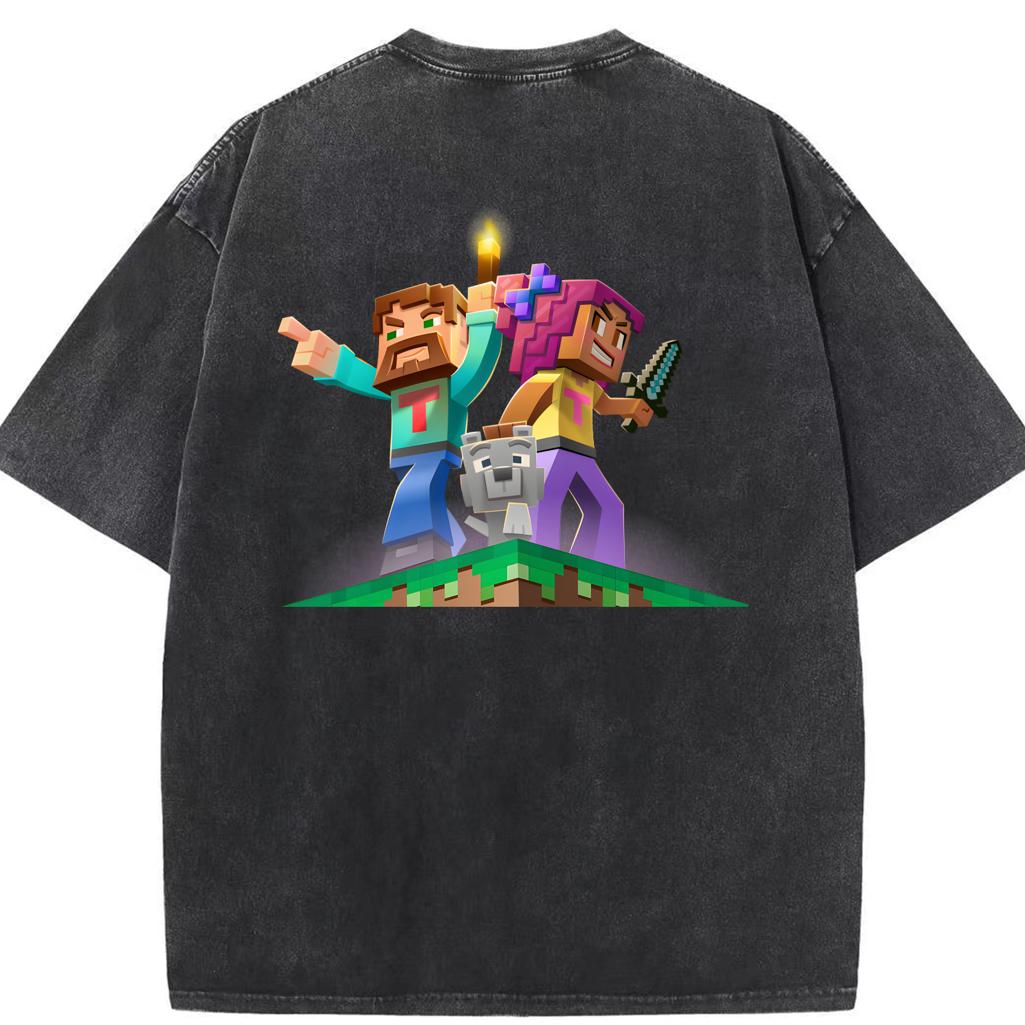 （画像用） マインクラフト ブロックの世界 Minecraft MC Block world 綿100% ヴィンテージ風 半袖Tシャツ（背面プリント）