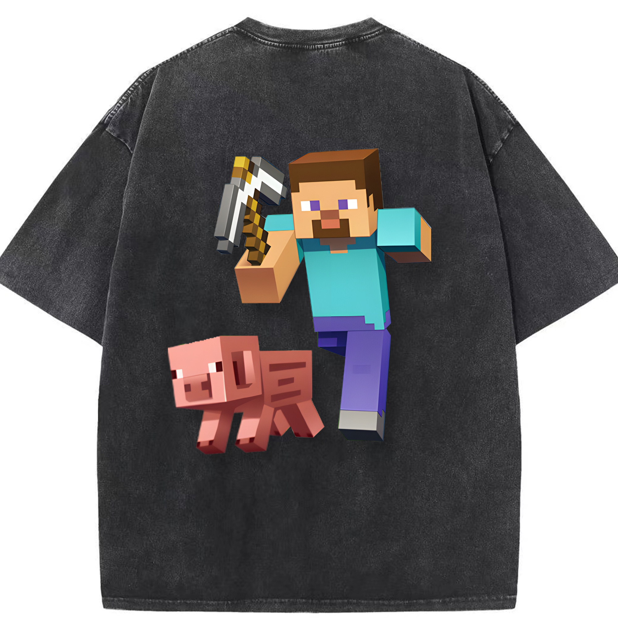 （画像用） マインクラフト ブロックの世界 Minecraft MC Block world 綿100% ヴィンテージ風 半袖Tシャツ（背面プリント）