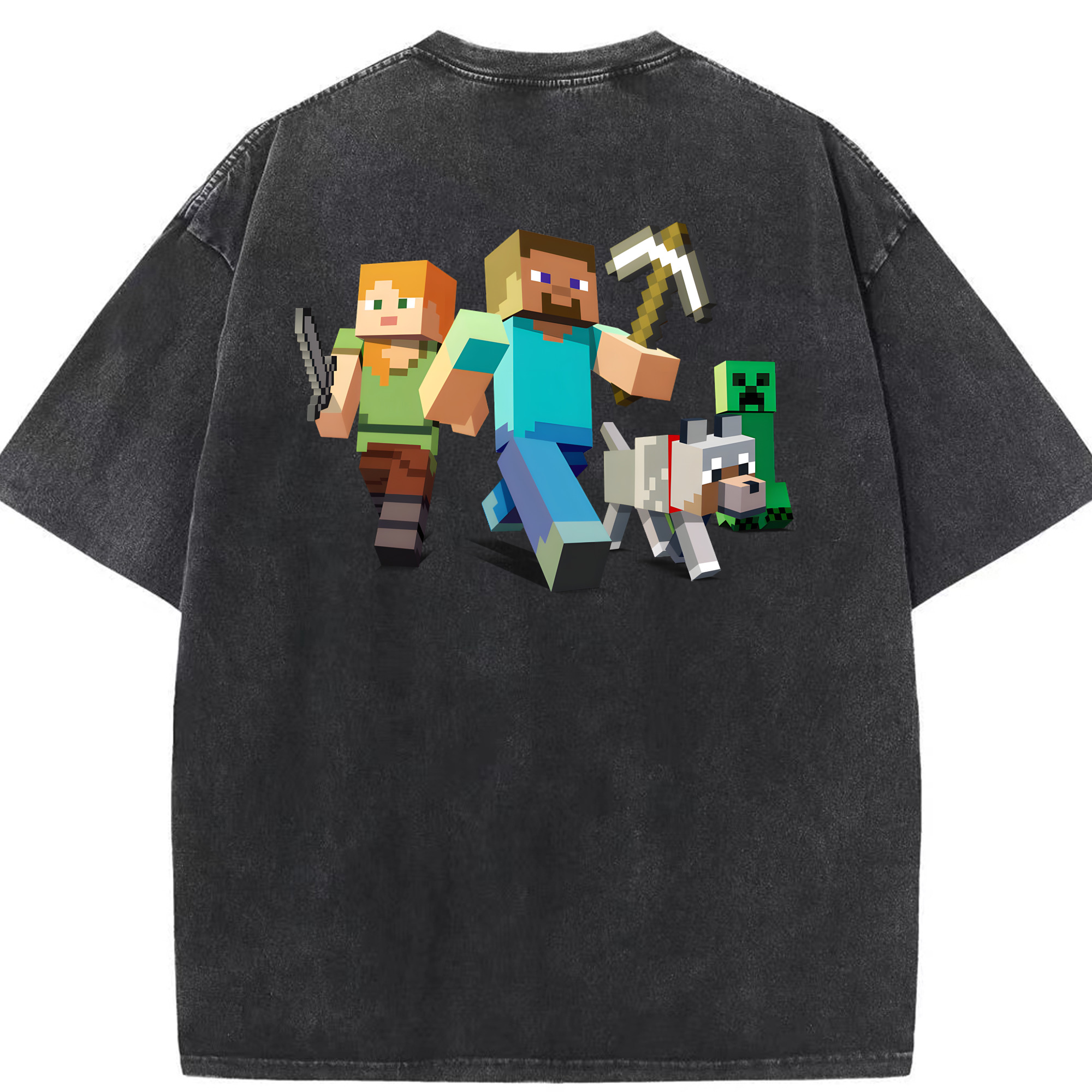 （画像用） マインクラフト ブロックの世界 Minecraft MC Block world 綿100% ヴィンテージ風 半袖Tシャツ（背面プリント）