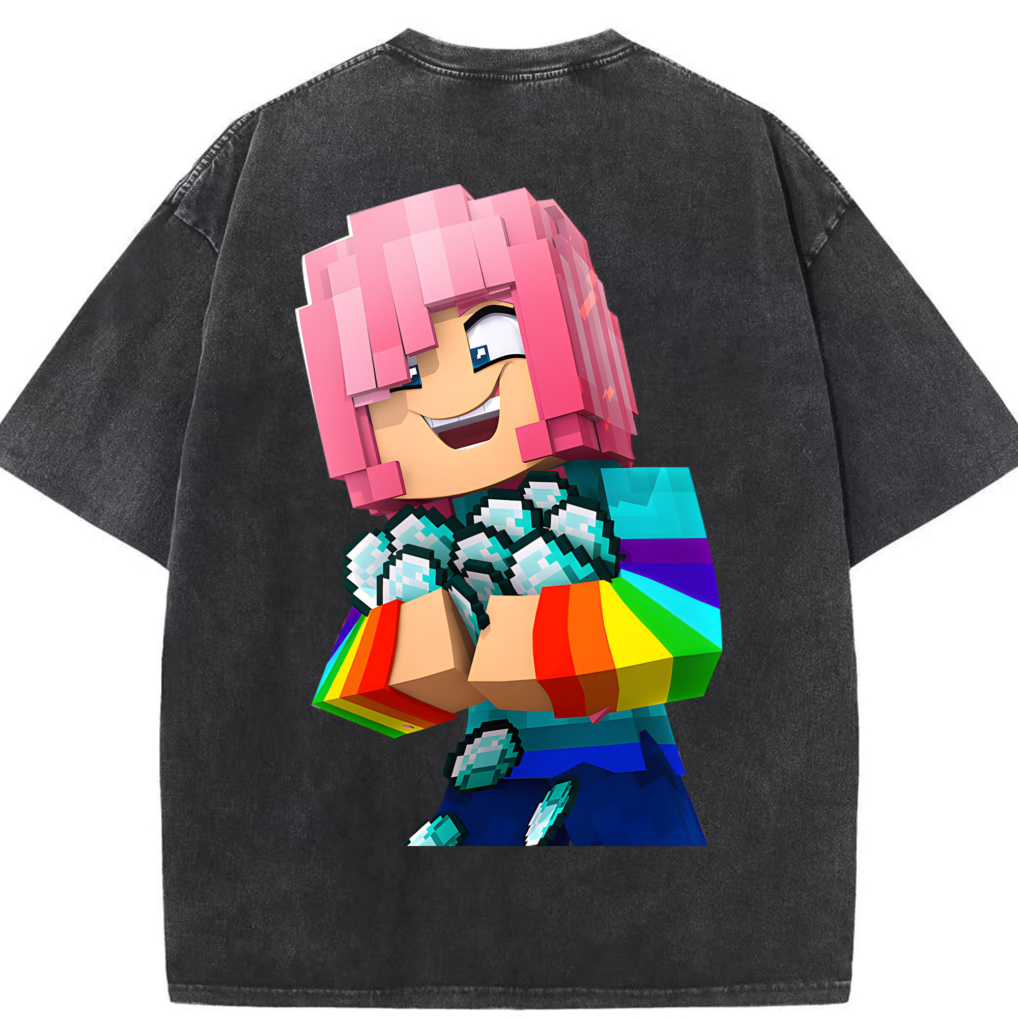 （画像用） マインクラフト ブロックの世界 Minecraft MC Block world 綿100% ヴィンテージ風 半袖Tシャツ（背面プリント）