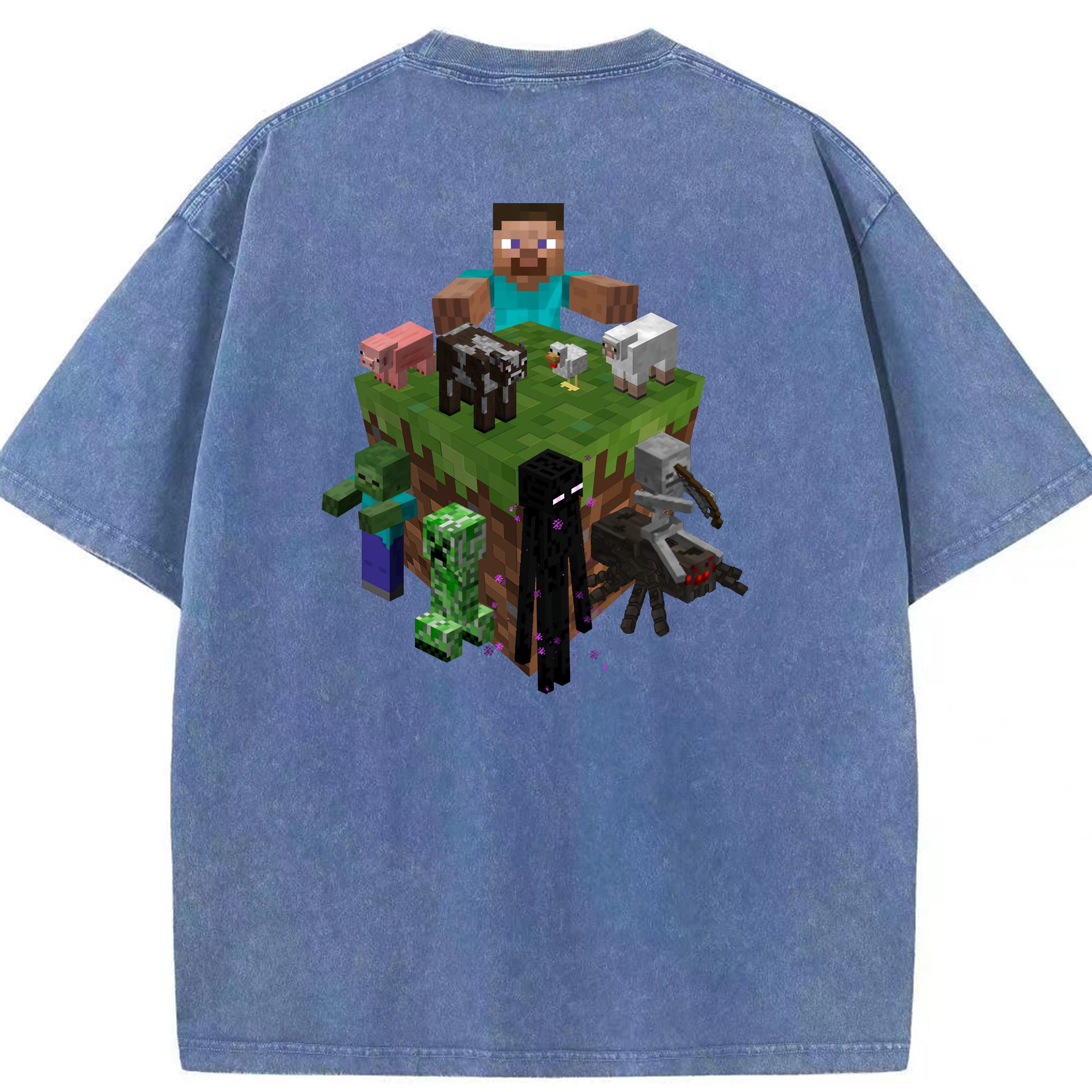 （画像用） マインクラフト ブロックの世界 Minecraft MC Block world 綿100% ヴィンテージ風 半袖Tシャツ（背面プリント）