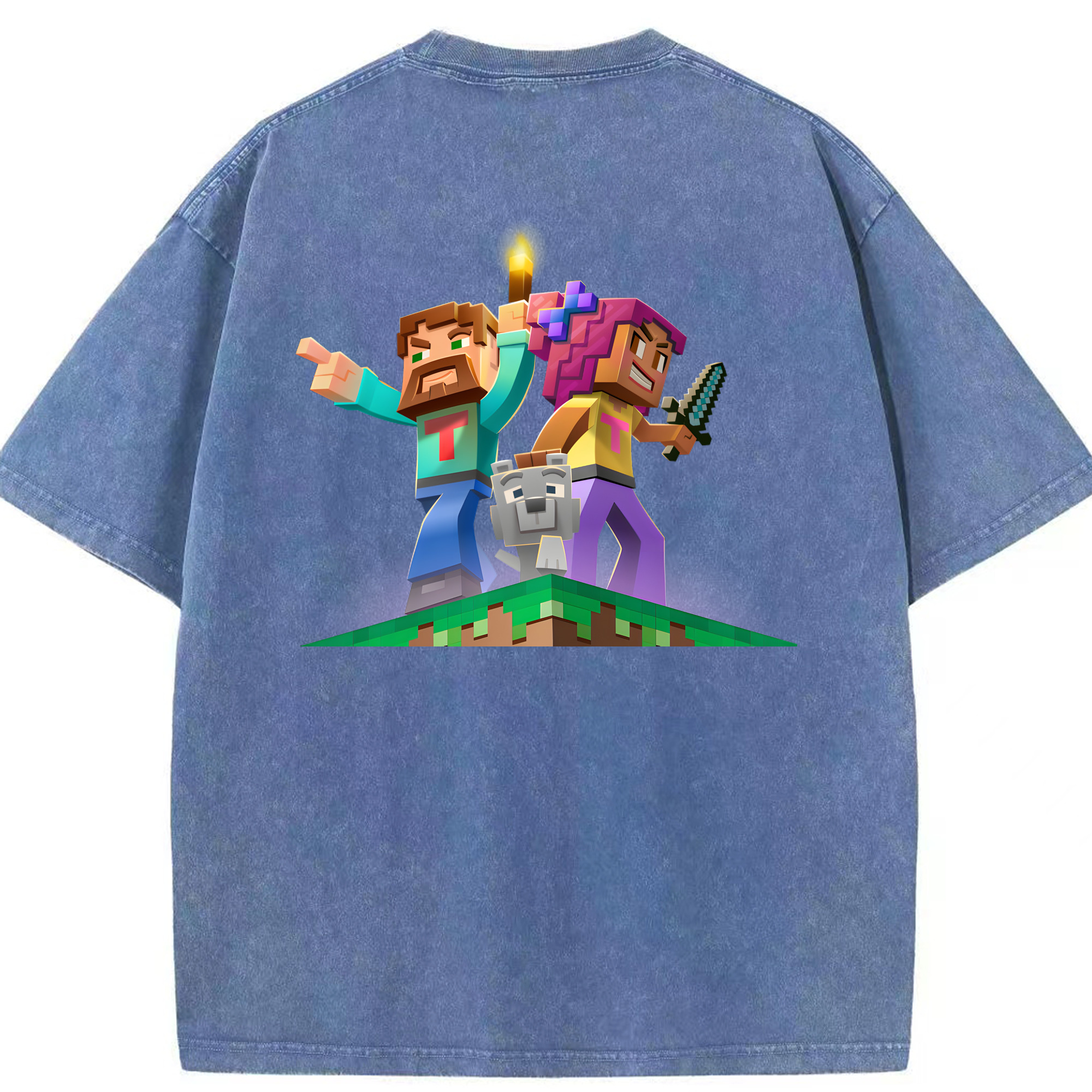 （画像用） マインクラフト ブロックの世界 Minecraft MC Block world 綿100% ヴィンテージ風 半袖Tシャツ（背面プリント）
