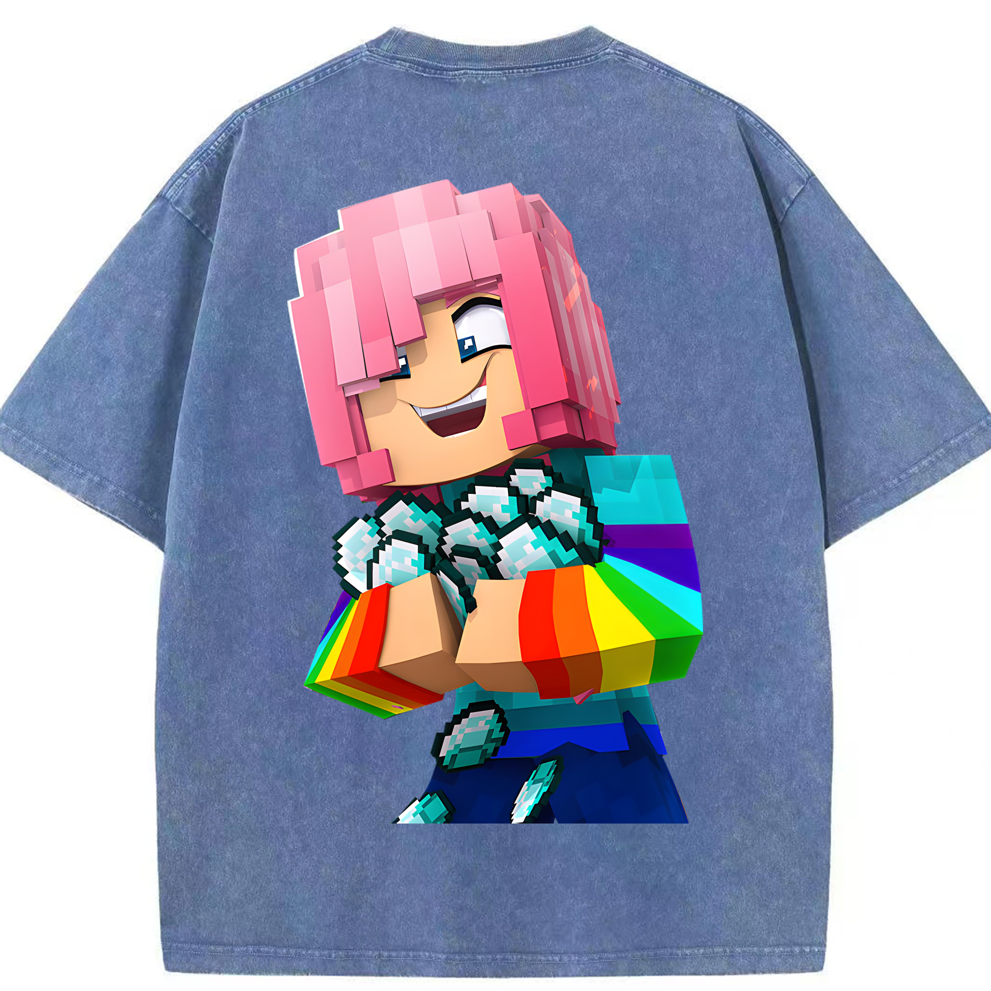 （画像用） マインクラフト ブロックの世界 Minecraft MC Block world 綿100% ヴィンテージ風 半袖Tシャツ（背面プリント）
