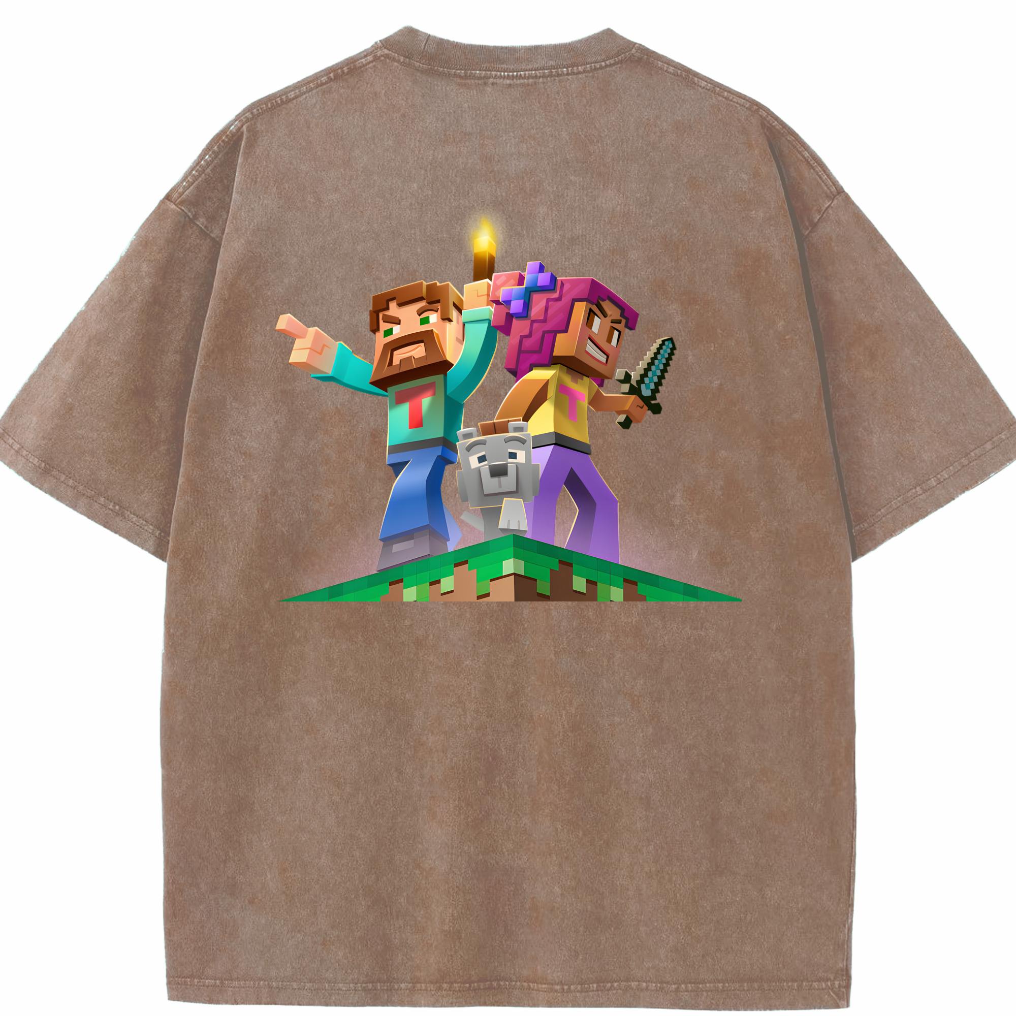 （画像用） マインクラフト ブロックの世界 Minecraft MC Block world 綿100% ヴィンテージ風 半袖Tシャツ（背面プリント）