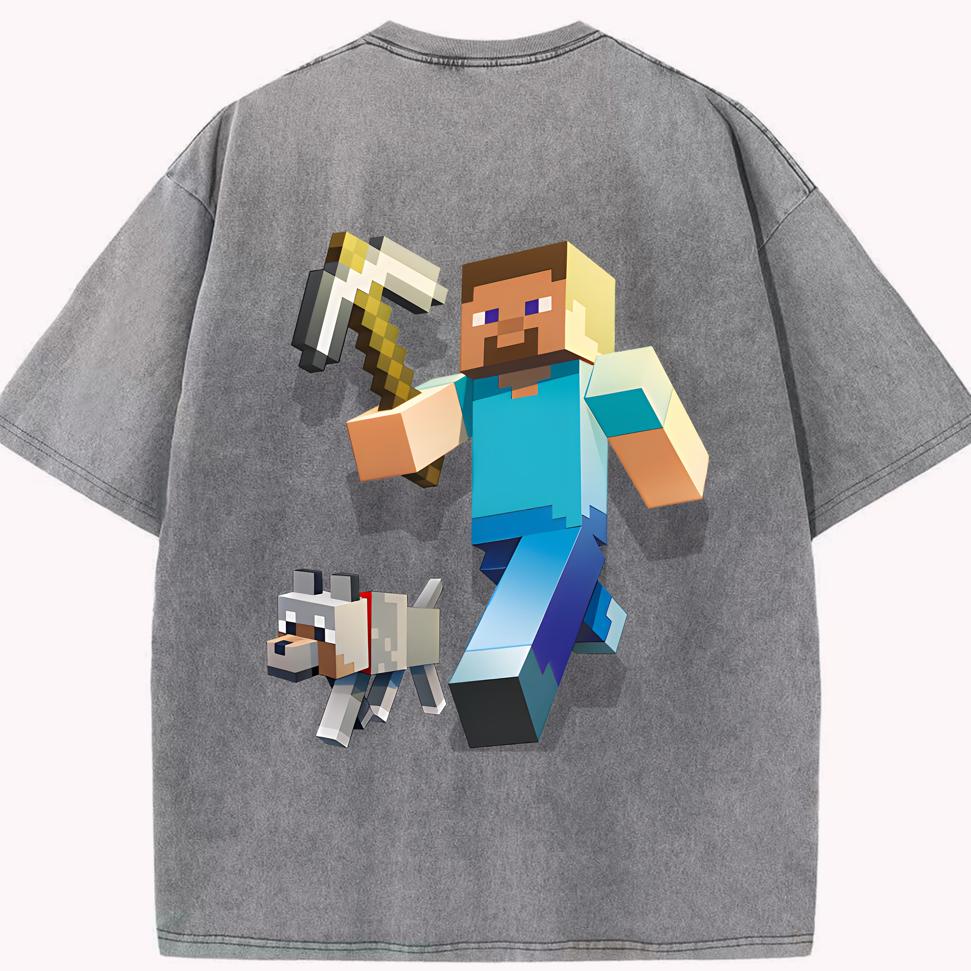 （画像用） マインクラフト ブロックの世界 Minecraft MC Block world 綿100% ヴィンテージ風 半袖Tシャツ（背面プリント）