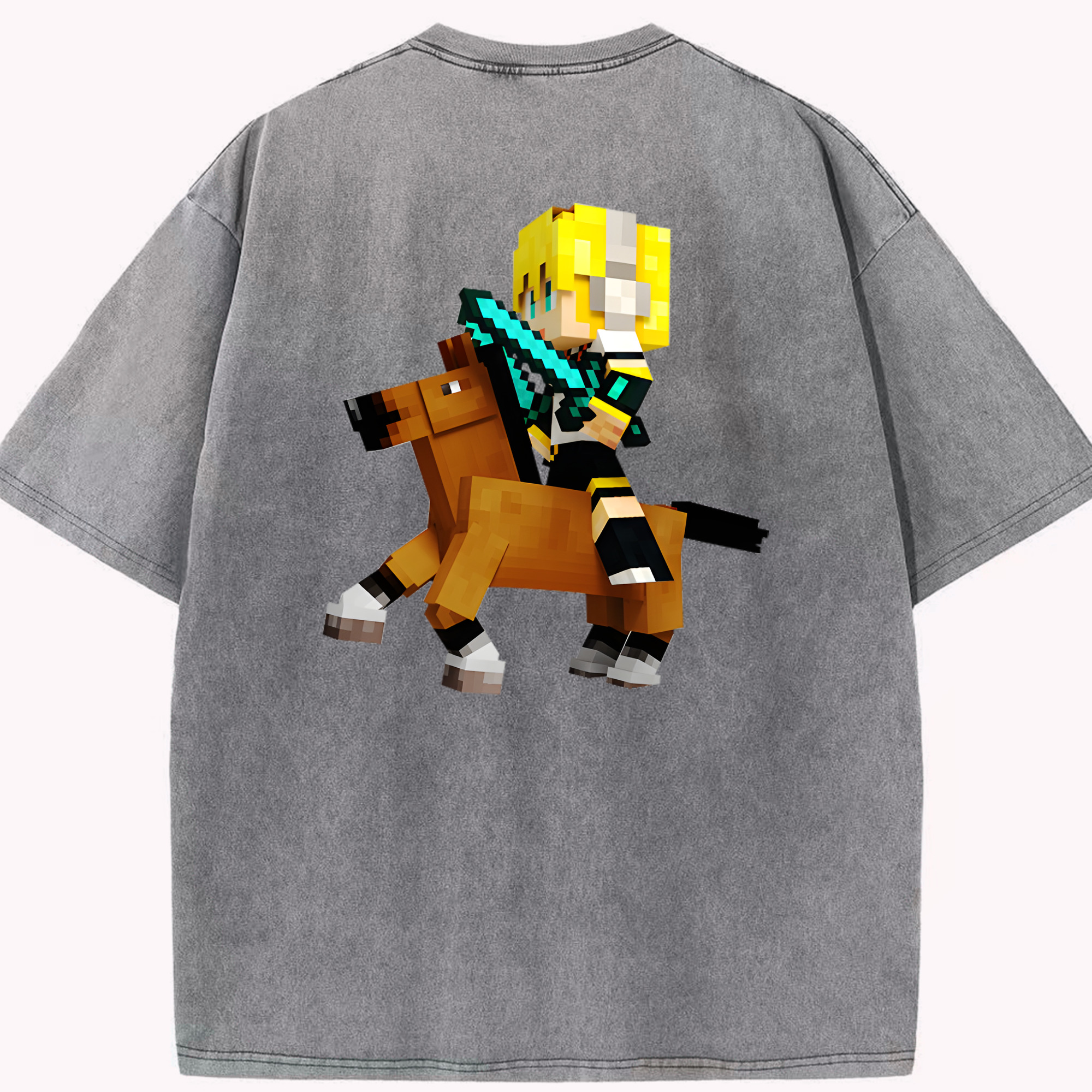 （画像用） マインクラフト ブロックの世界 Minecraft MC Block world 綿100% ヴィンテージ風 半袖Tシャツ（背面プリント）