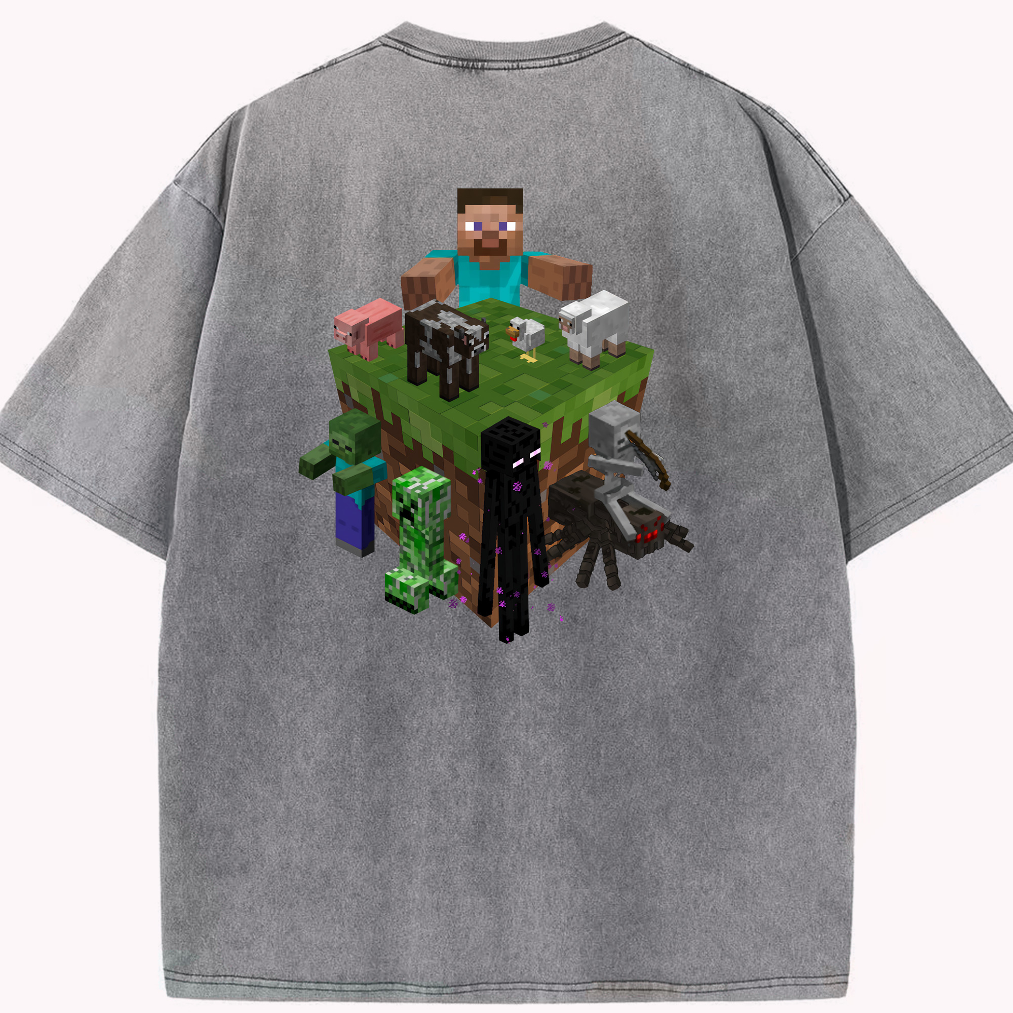 （画像用） マインクラフト ブロックの世界 Minecraft MC Block world 綿100% ヴィンテージ風 半袖Tシャツ（背面プリント）