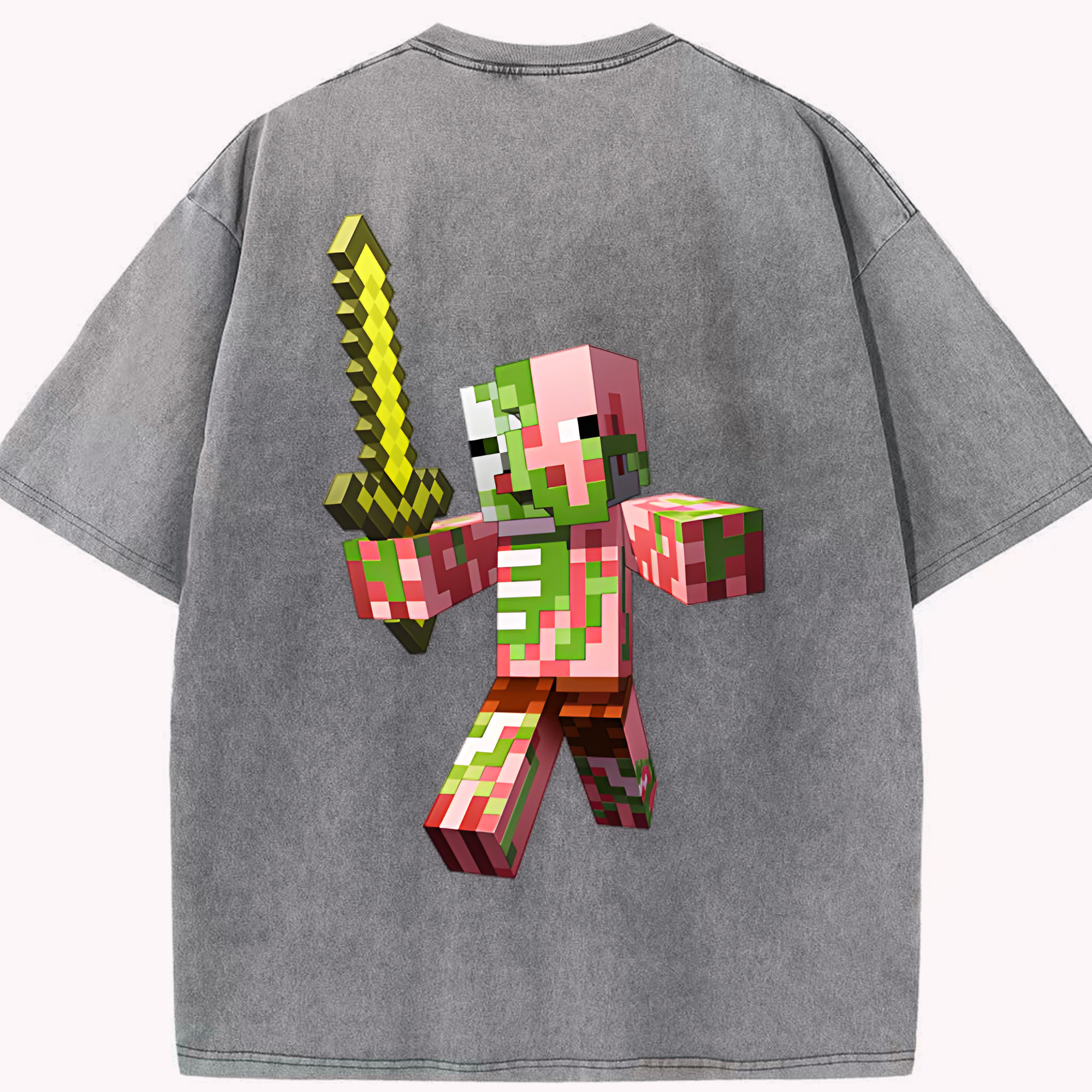 （画像用） マインクラフト ブロックの世界 Minecraft MC Block world 綿100% ヴィンテージ風 半袖Tシャツ（背面プリント）