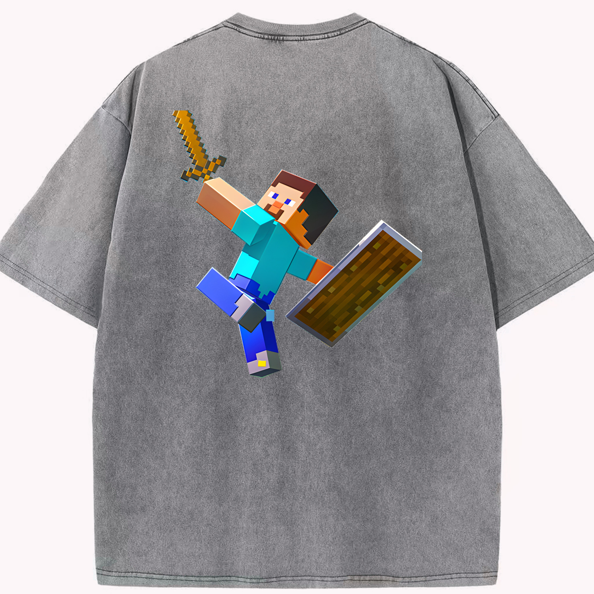 （画像用） マインクラフト ブロックの世界 Minecraft MC Block world 綿100% ヴィンテージ風 半袖Tシャツ（背面プリント）