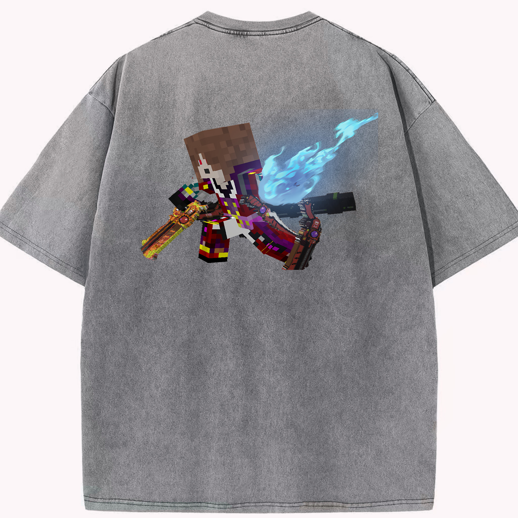 （画像用） マインクラフト ブロックの世界 Minecraft MC Block world 綿100% ヴィンテージ風 半袖Tシャツ（背面プリント）