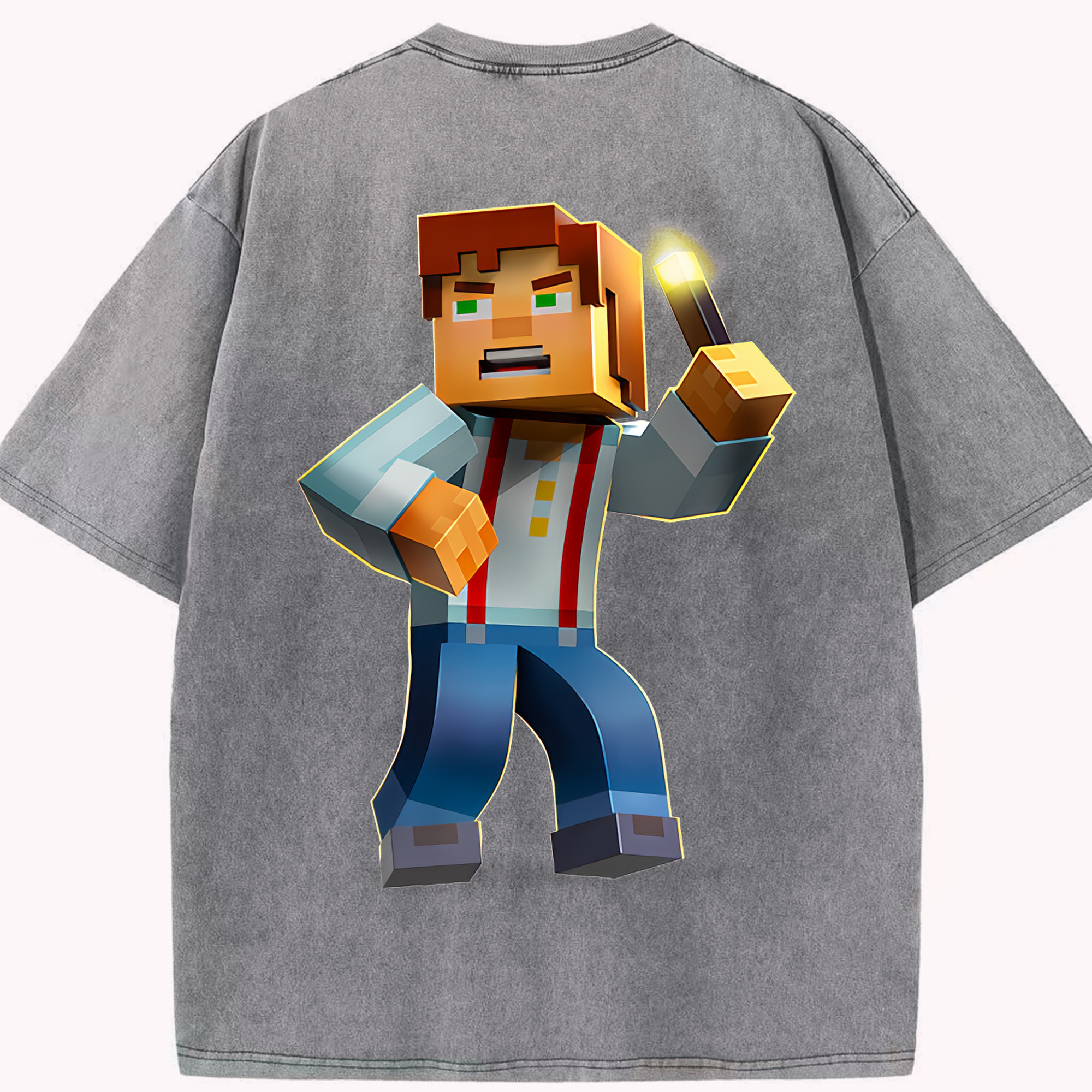 （画像用） マインクラフト ブロックの世界 Minecraft MC Block world 綿100% ヴィンテージ風 半袖Tシャツ（背面プリント）