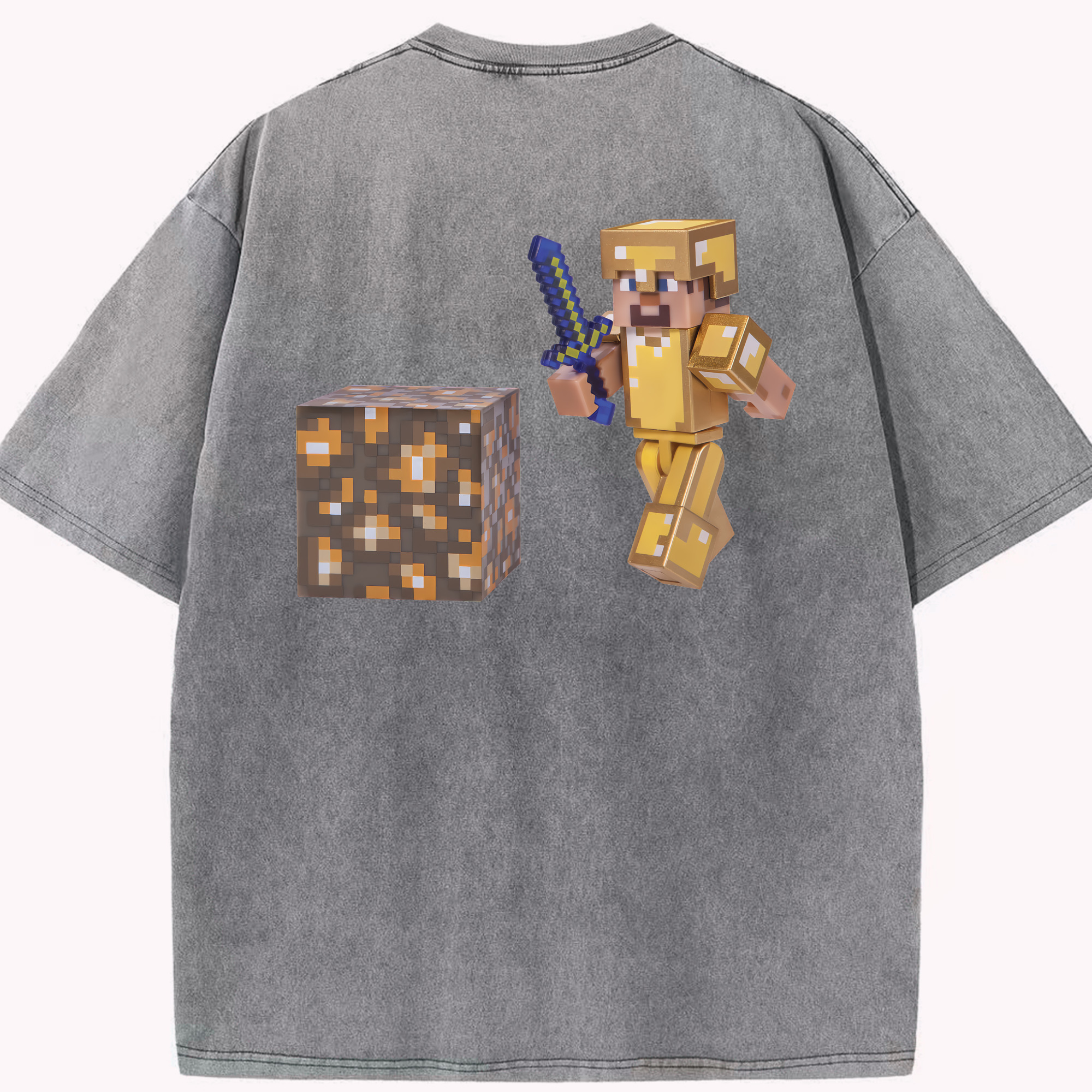 （画像用） マインクラフト ブロックの世界 Minecraft MC Block world 綿100% ヴィンテージ風 半袖Tシャツ（背面プリント）
