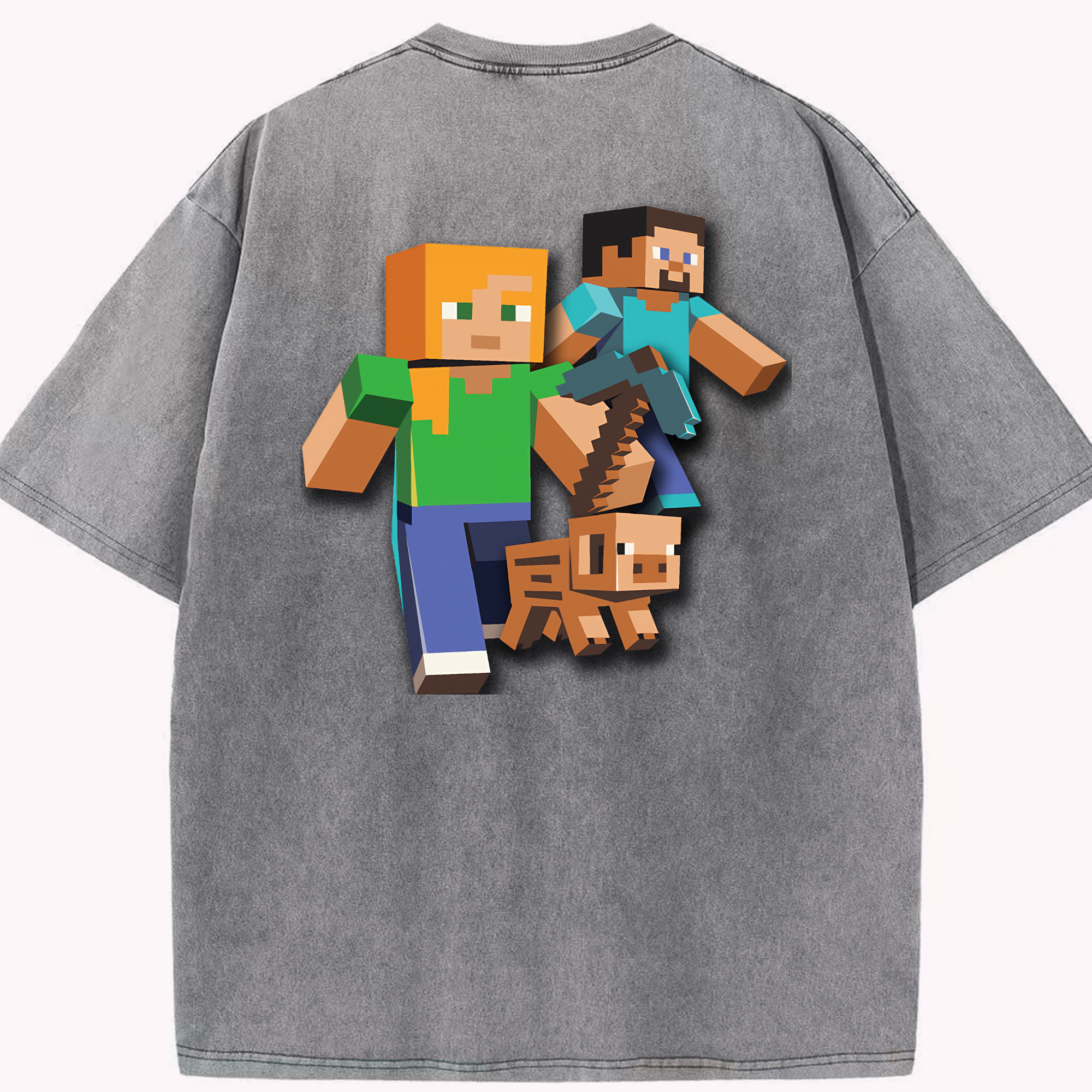 （画像用） マインクラフト ブロックの世界 Minecraft MC Block world 綿100% ヴィンテージ風 半袖Tシャツ（背面プリント）
