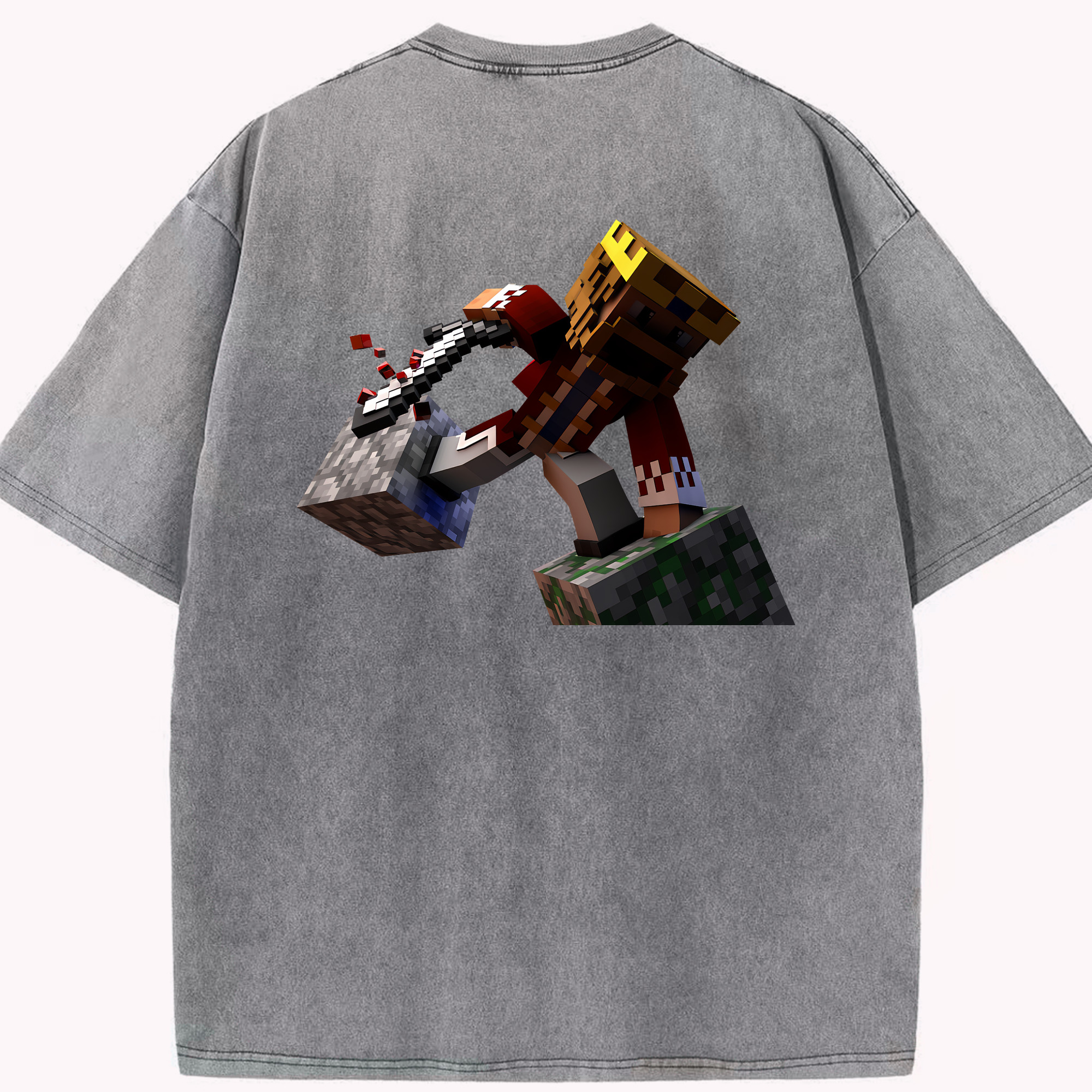 （画像用） マインクラフト ブロックの世界 Minecraft MC Block world 綿100% ヴィンテージ風 半袖Tシャツ（背面プリント）
