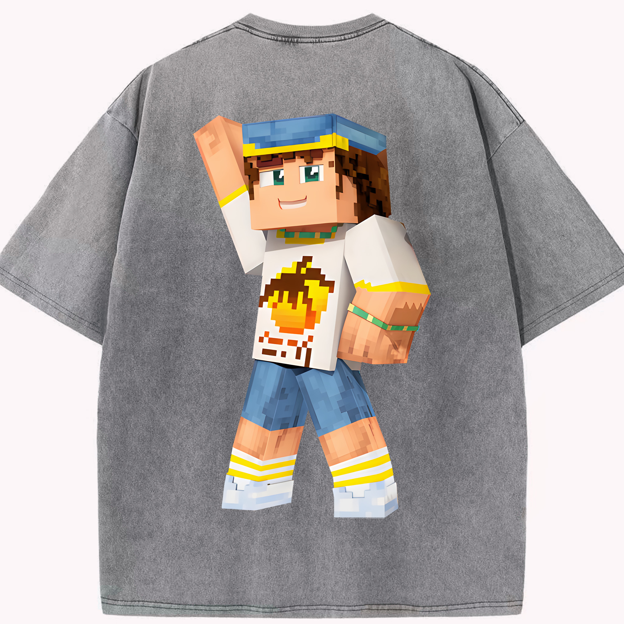 （画像用） マインクラフト ブロックの世界 Minecraft MC Block world 綿100% ヴィンテージ風 半袖Tシャツ（背面プリント）