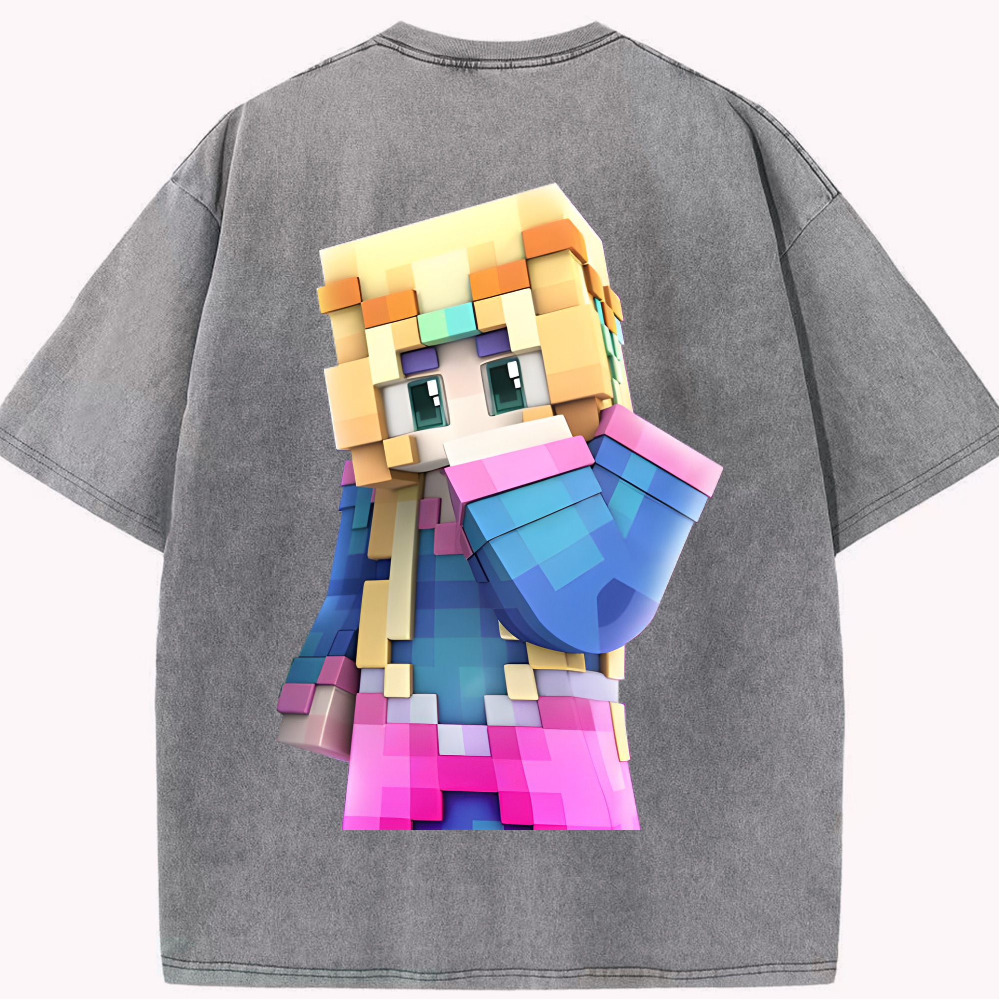 （画像用） マインクラフト ブロックの世界 Minecraft MC Block world 綿100% ヴィンテージ風 半袖Tシャツ（背面プリント）