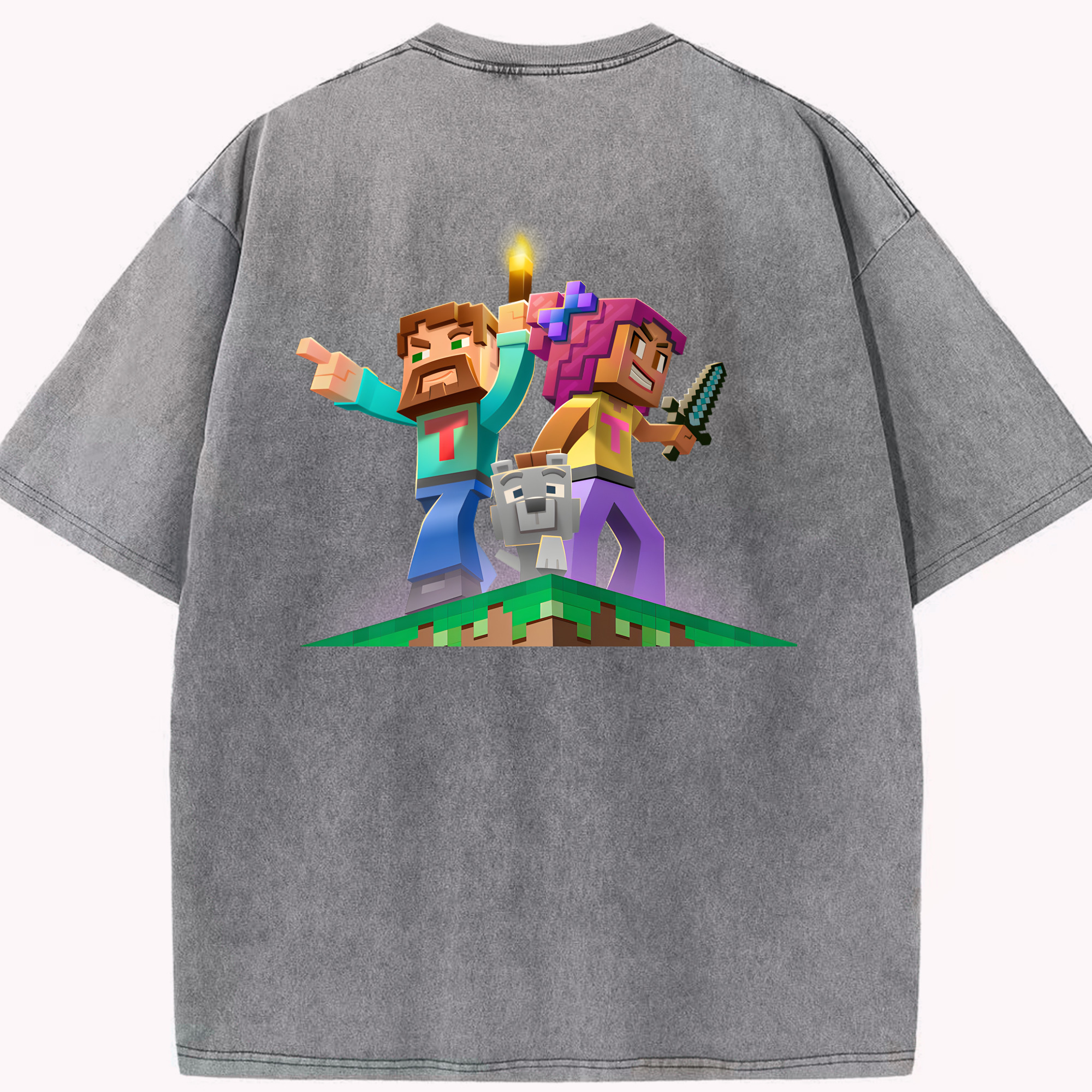 （画像用） マインクラフト ブロックの世界 Minecraft MC Block world 綿100% ヴィンテージ風 半袖Tシャツ（背面プリント）