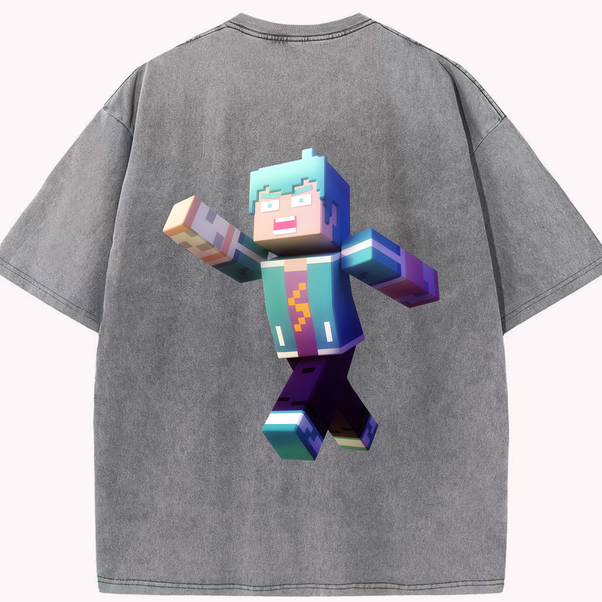 （画像用） マインクラフト ブロックの世界 Minecraft MC Block world 綿100% ヴィンテージ風 半袖Tシャツ（背面プリント）