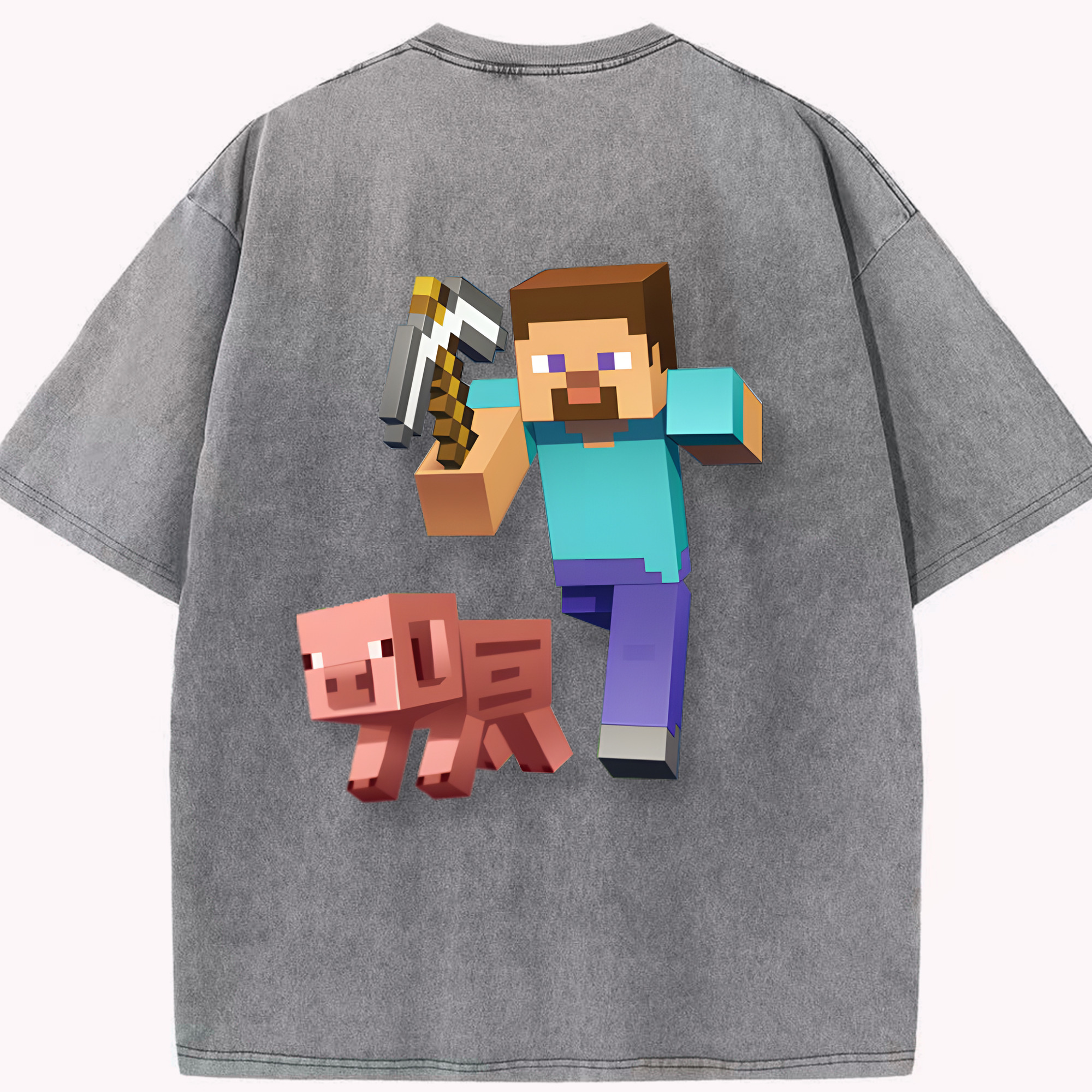 （画像用） マインクラフト ブロックの世界 Minecraft MC Block world 綿100% ヴィンテージ風 半袖Tシャツ（背面プリント）