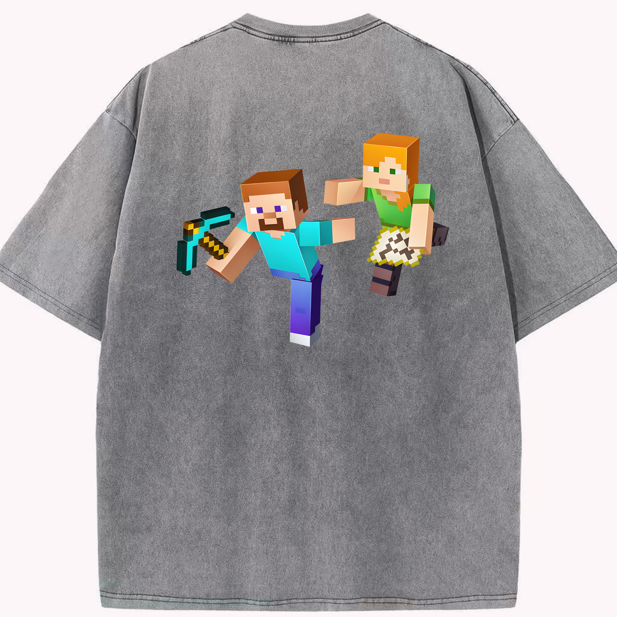 （画像用） マインクラフト ブロックの世界 Minecraft MC Block world 綿100% ヴィンテージ風 半袖Tシャツ（背面プリント）