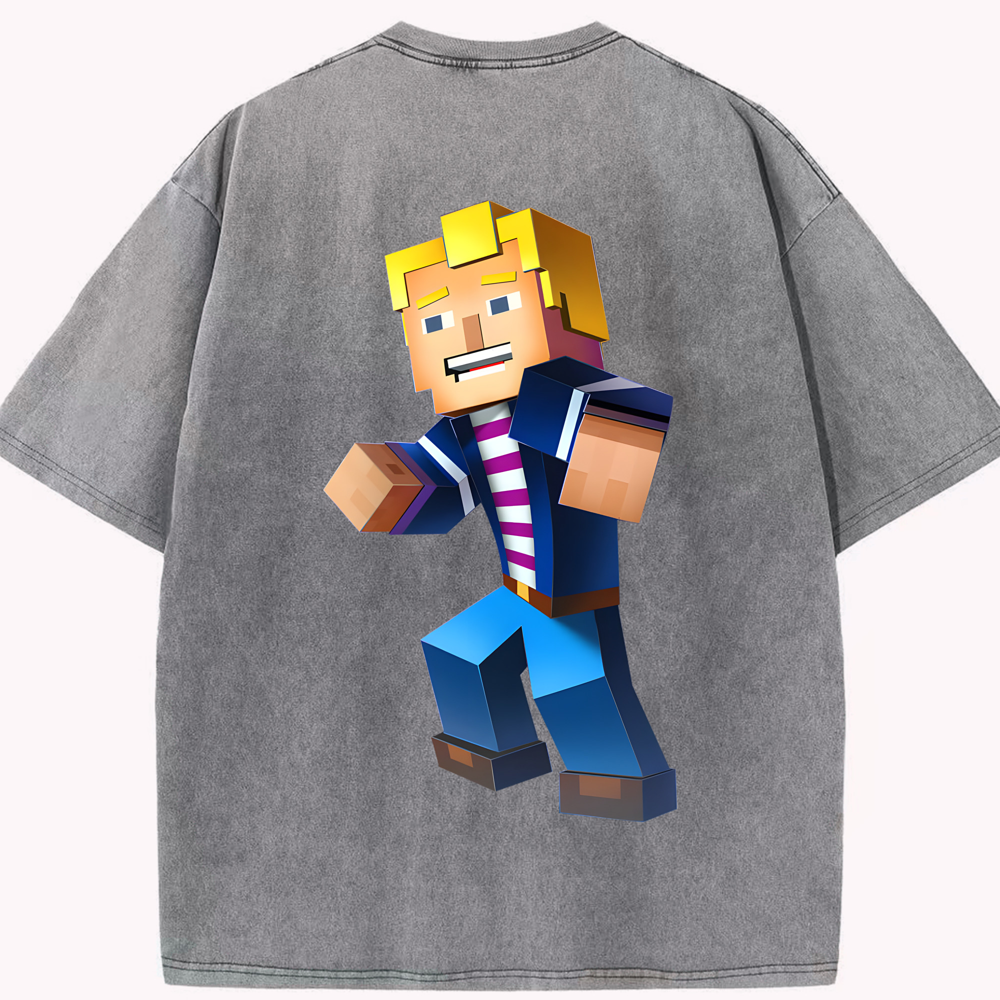（画像用） マインクラフト ブロックの世界 Minecraft MC Block world 綿100% ヴィンテージ風 半袖Tシャツ（背面プリント）