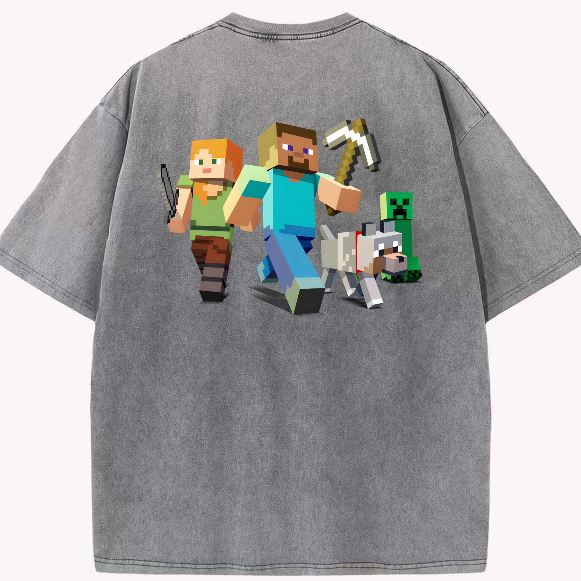（画像用） マインクラフト ブロックの世界 Minecraft MC Block world 綿100% ヴィンテージ風 半袖Tシャツ（背面プリント）