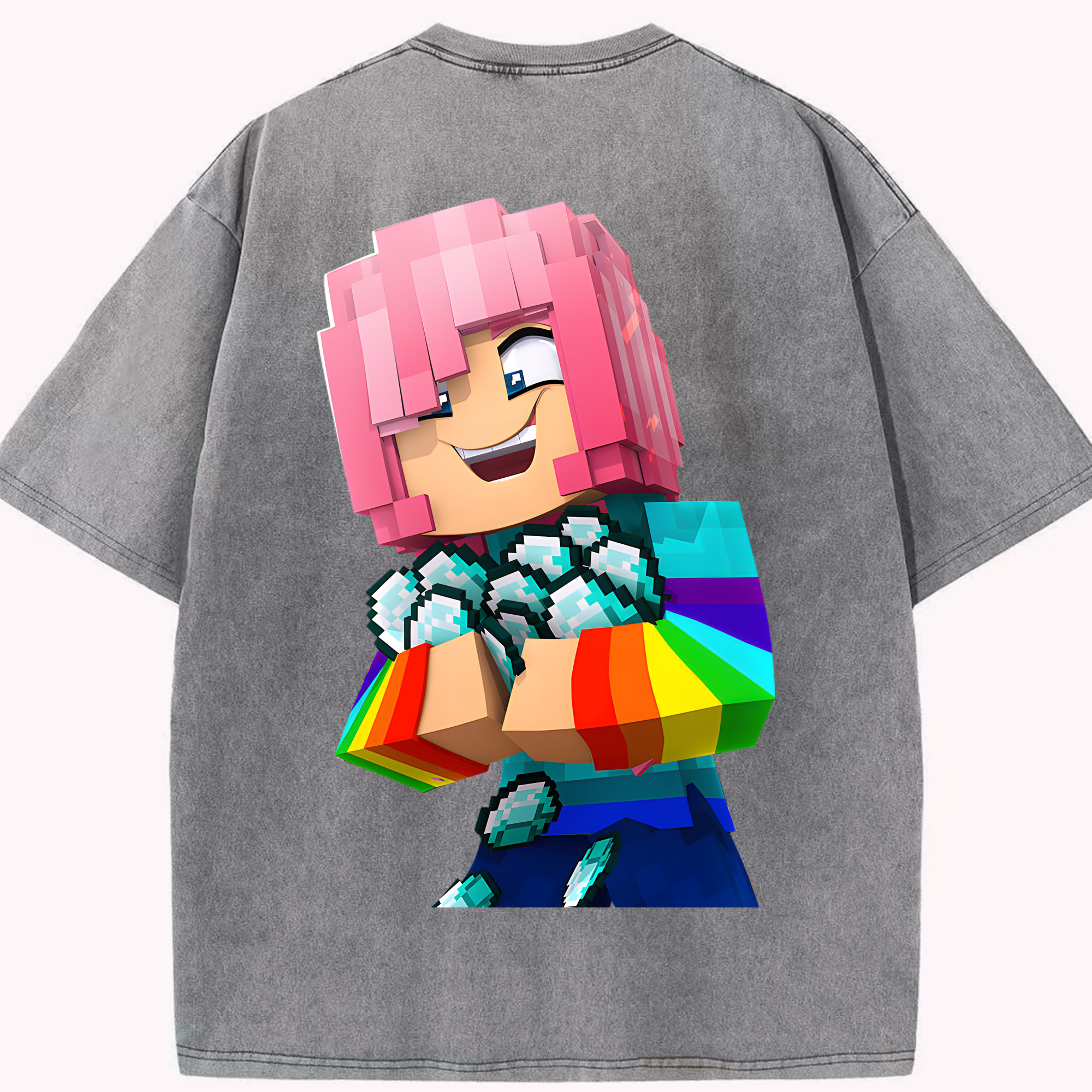 （画像用） マインクラフト ブロックの世界 Minecraft MC Block world 綿100% ヴィンテージ風 半袖Tシャツ（背面プリント）