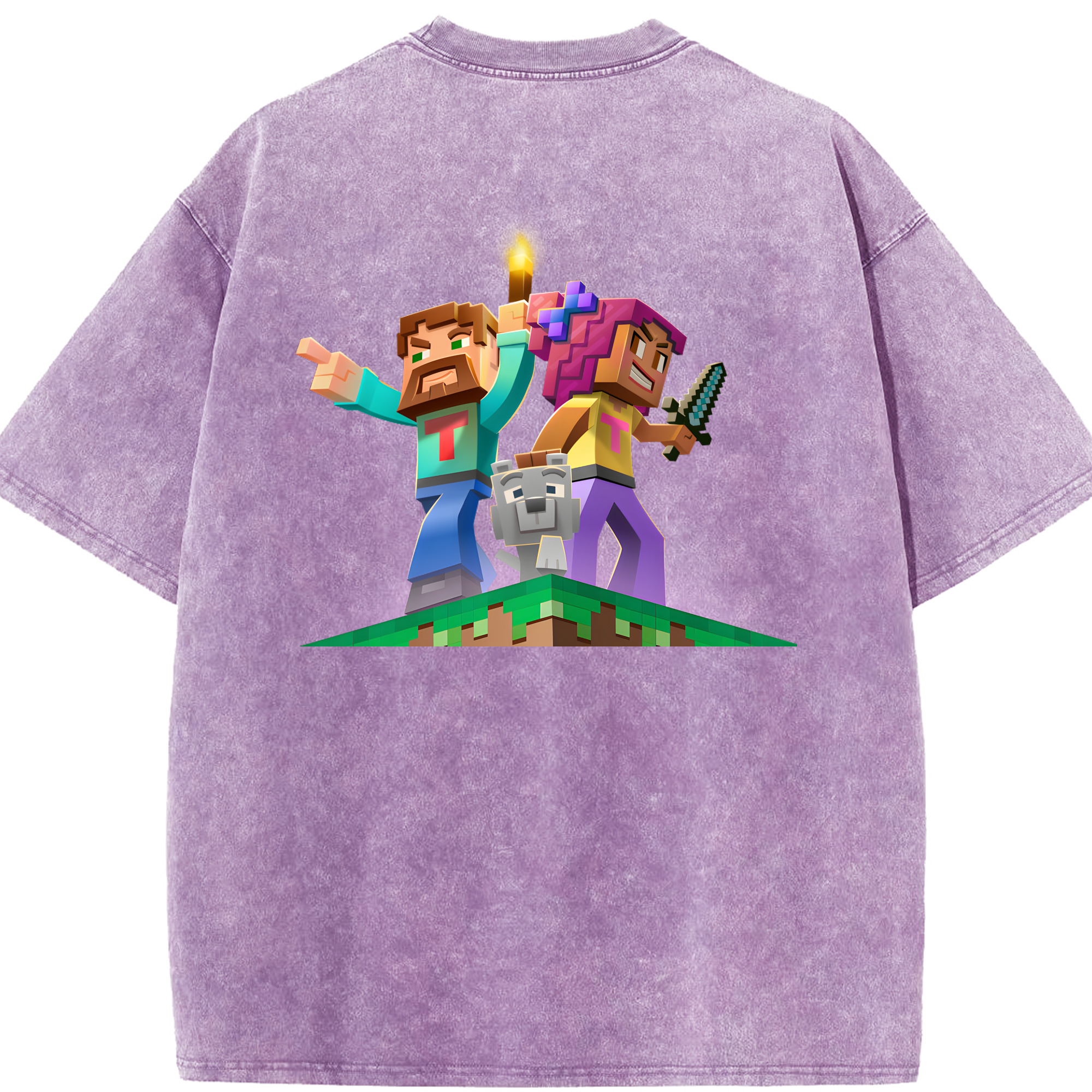 （画像用） マインクラフト ブロックの世界 Minecraft MC Block world 綿100% ヴィンテージ風 半袖Tシャツ（背面プリント）