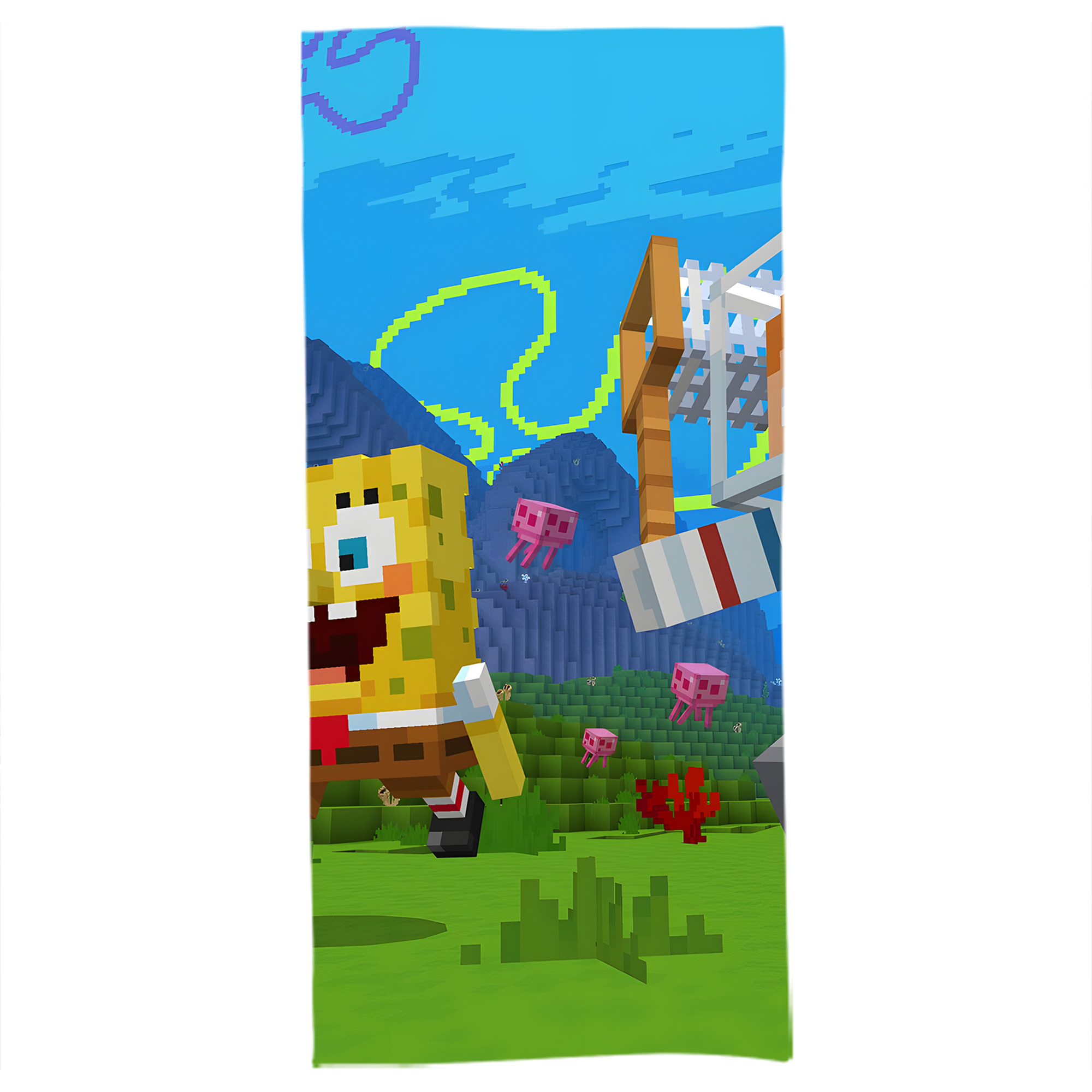 （画像用） マインクラフト ブロックの世界 Minecraft MC Block world 大判バスタオル 70×140cm 吸水速乾 柔らかい肌触り