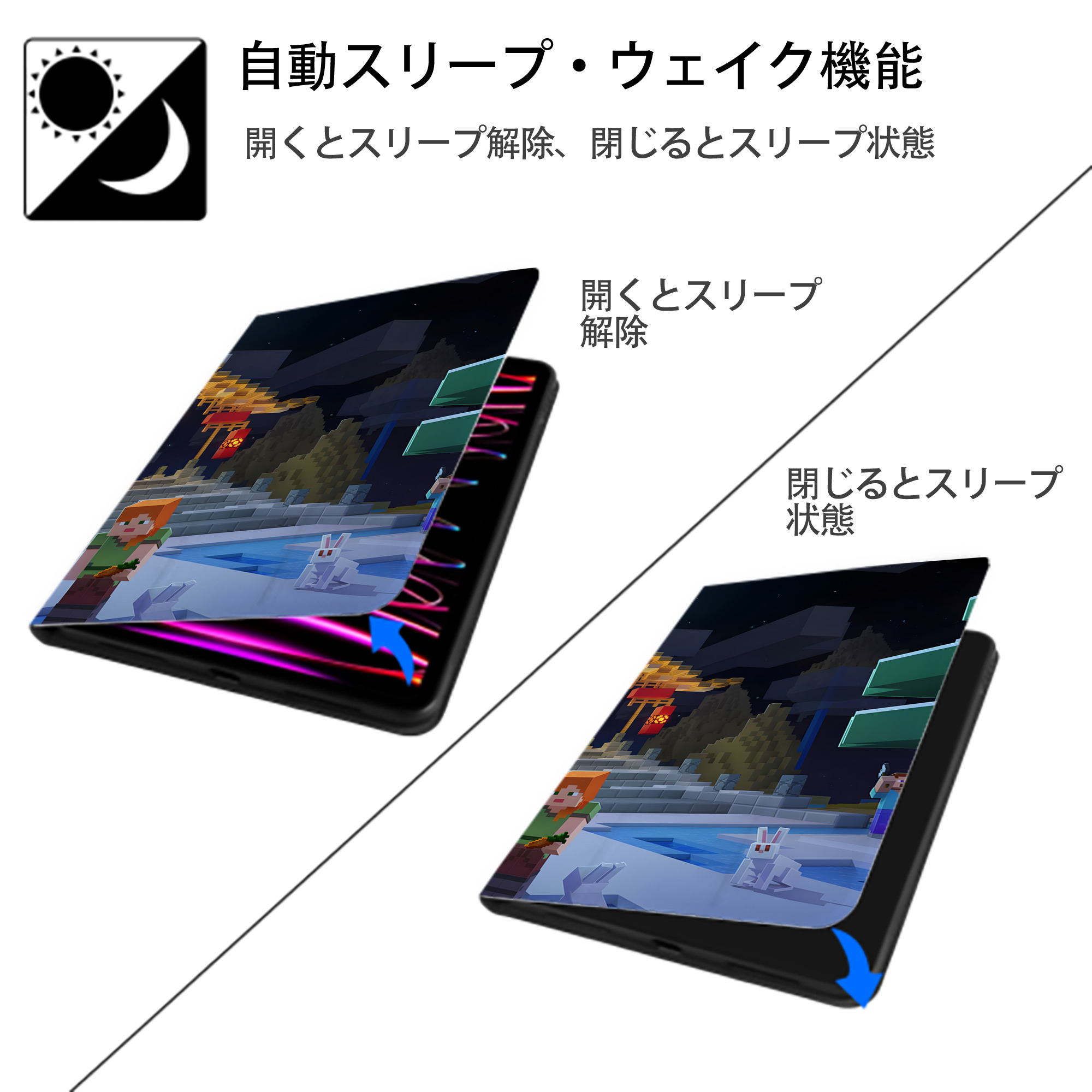 マインクラフト ブロックの世界 Minecraft MC Block world IPad ケース ブック型 PUレザー TPU 耐衝撃 軽量 薄型 ペン収納なし 全面保護 IPad 各モデル対応