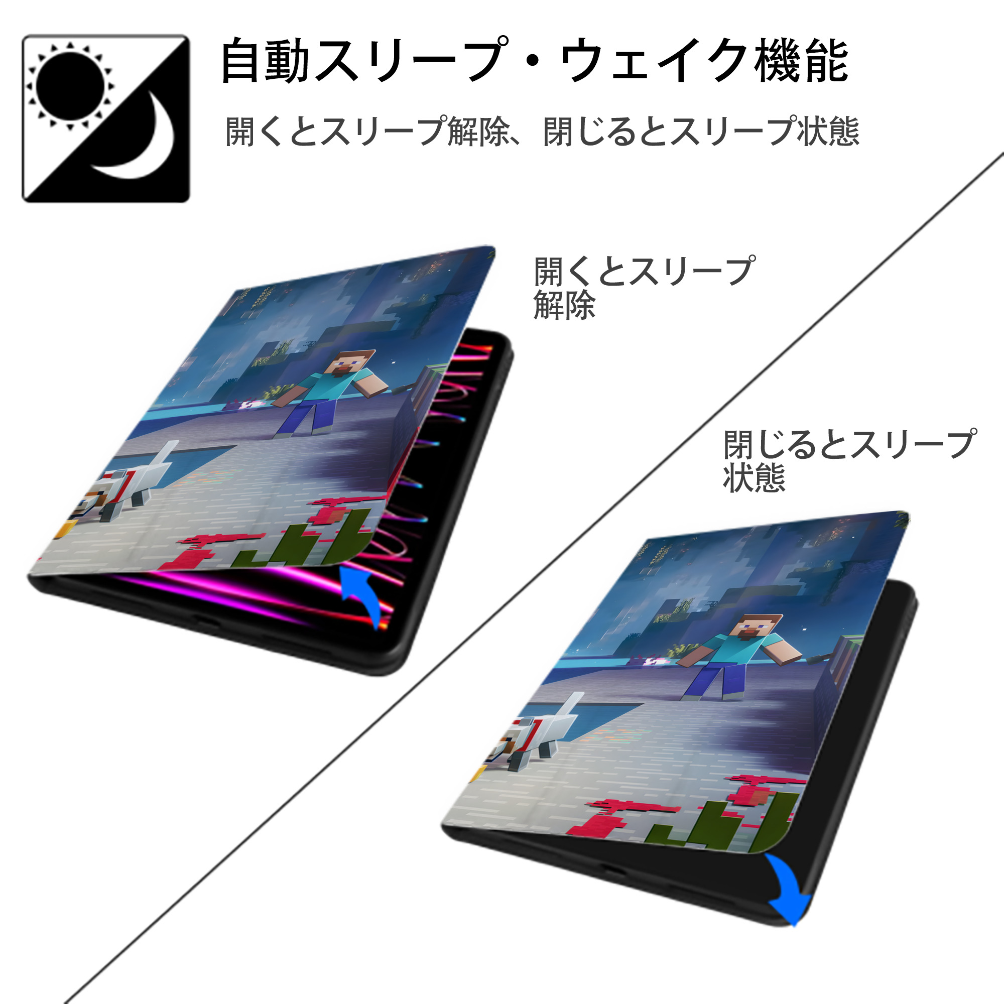 マインクラフト ブロックの世界 Minecraft MC Block world IPad ケース ブック型 PUレザー TPU 耐衝撃 軽量 薄型 ペン収納なし 全面保護 IPad 各モデル対応