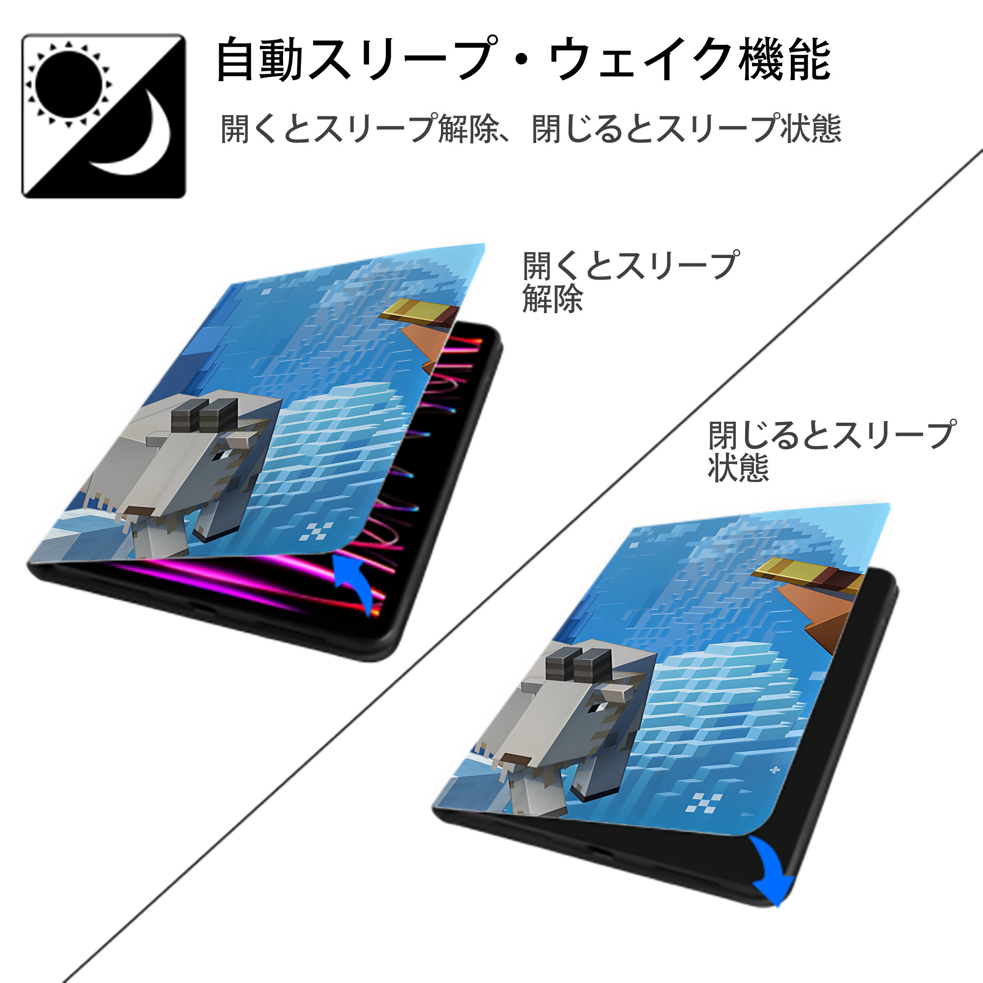マインクラフト ブロックの世界 Minecraft MC Block world IPad ケース ブック型 PUレザー TPU 耐衝撃 軽量 薄型 ペン収納なし 全面保護 IPad 各モデル対応