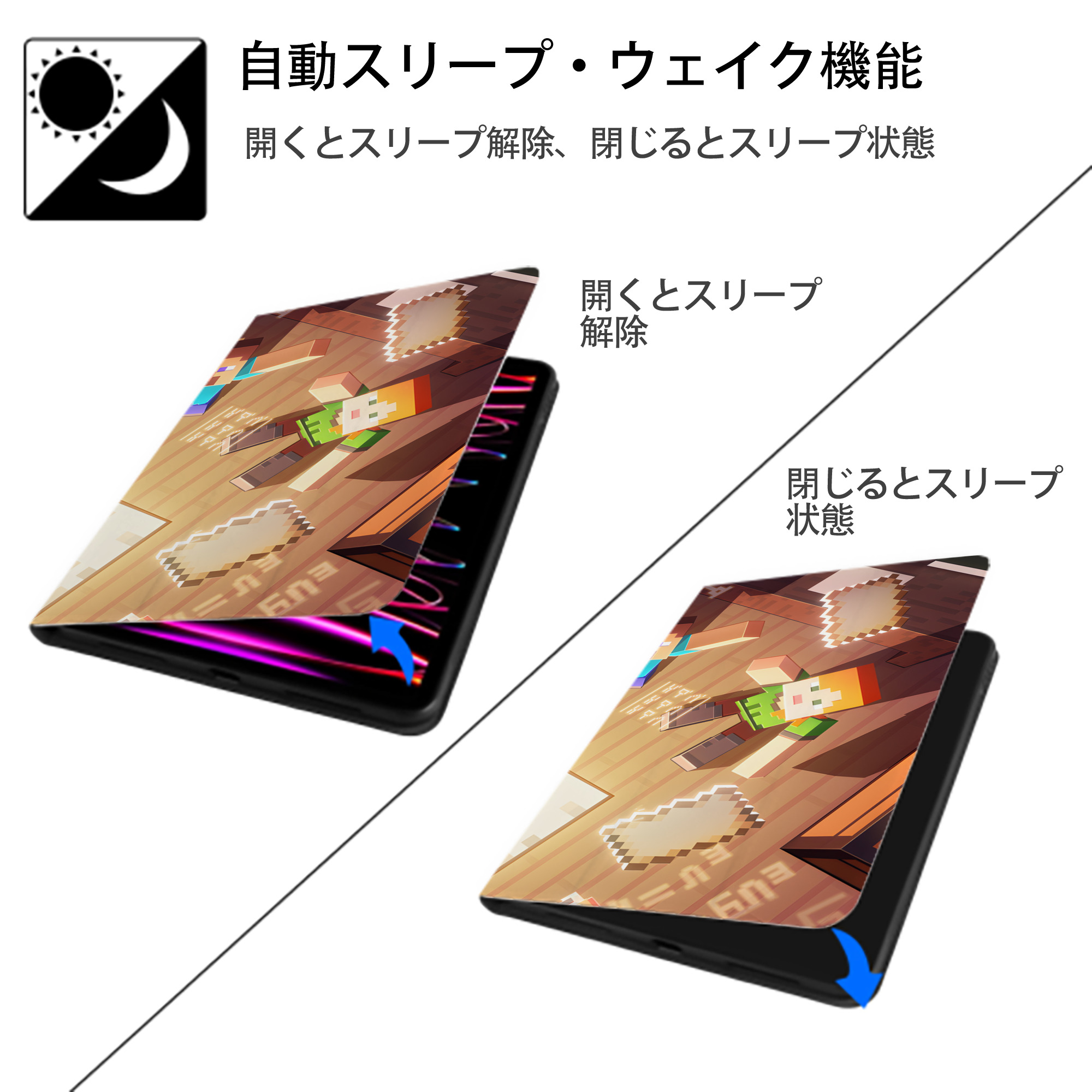 マインクラフト ブロックの世界 Minecraft MC Block world IPad ケース ブック型 PUレザー TPU 耐衝撃 軽量 薄型 ペン収納なし 全面保護 IPad 各モデル対応
