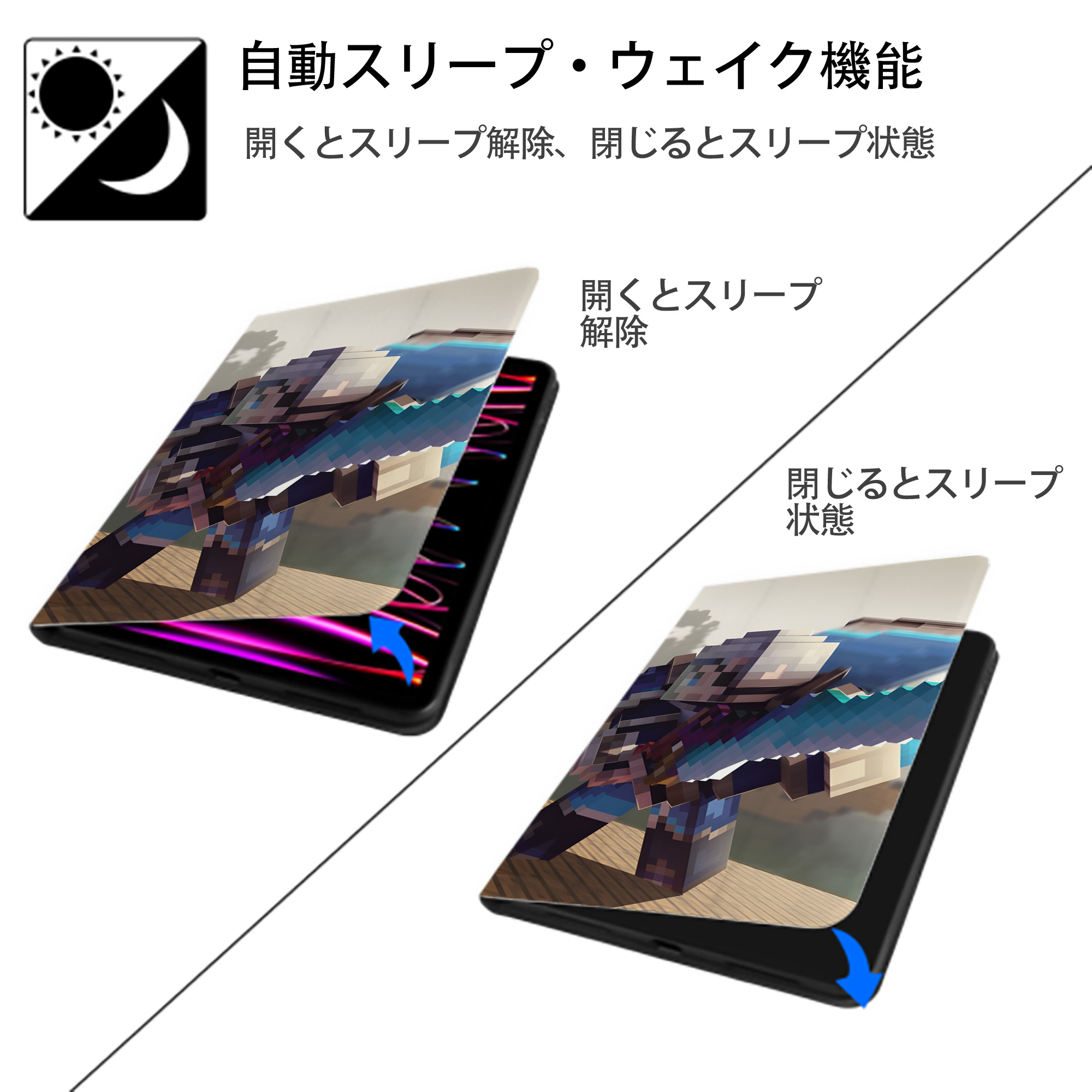 マインクラフト ブロックの世界 Minecraft MC Block world IPad ケース ブック型 PUレザー TPU 耐衝撃 軽量 薄型 ペン収納なし 全面保護 IPad 各モデル対応