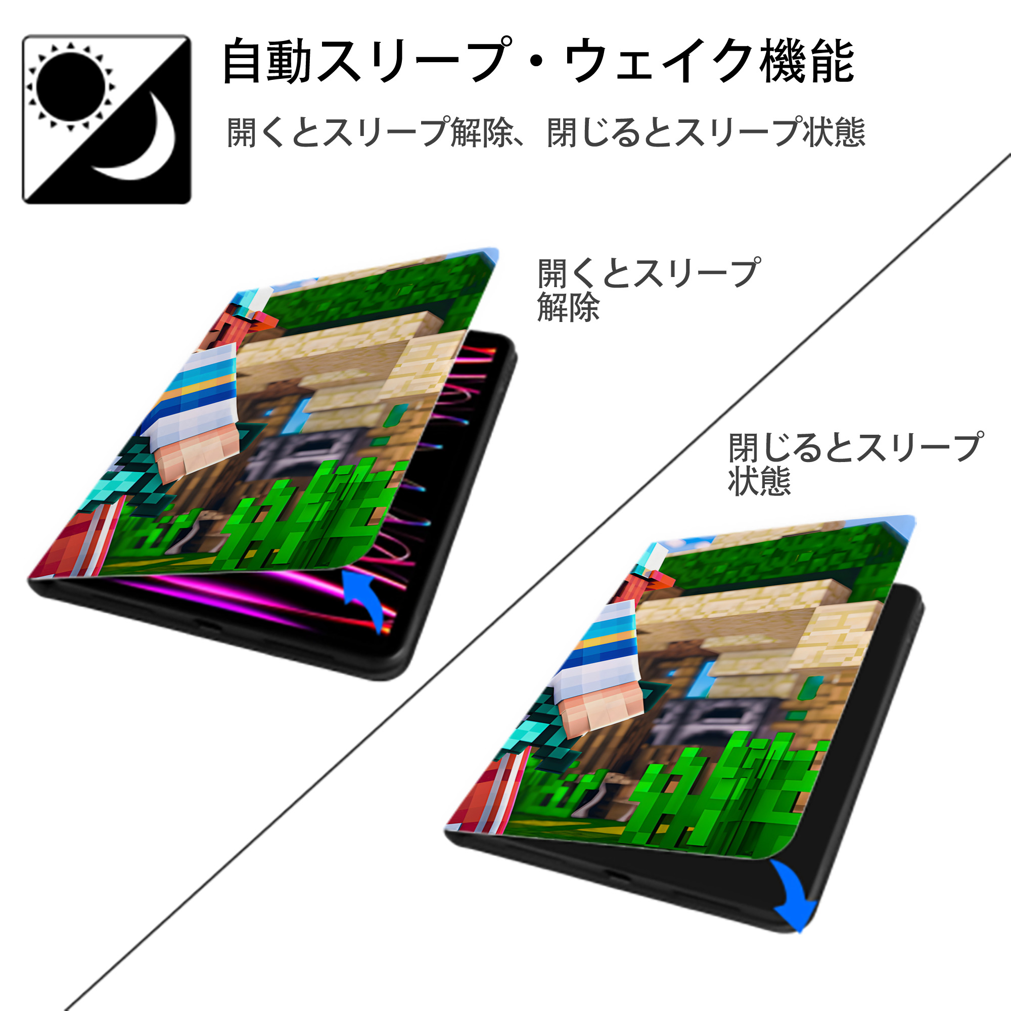 マインクラフト ブロックの世界 Minecraft MC Block world IPad ケース ブック型 PUレザー TPU 耐衝撃 軽量 薄型 ペン収納なし 全面保護 IPad 各モデル対応