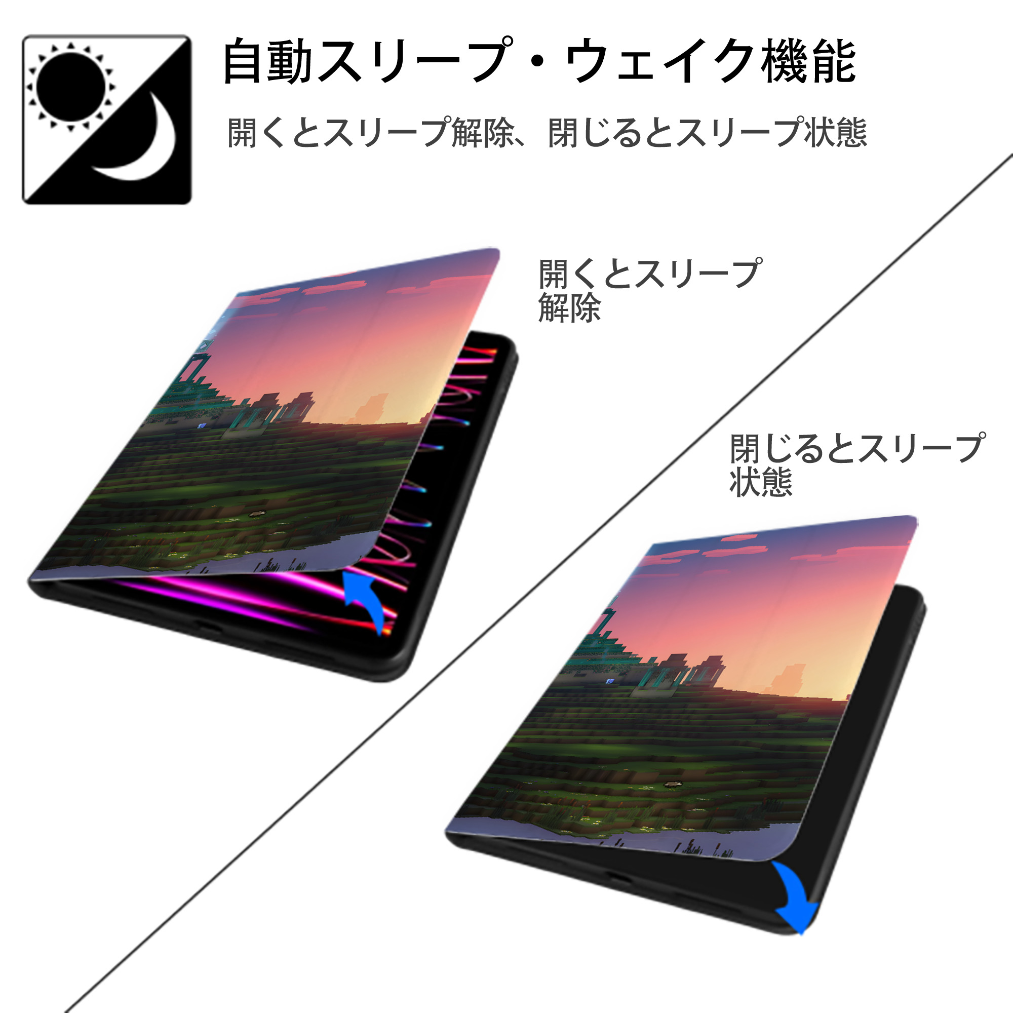 マインクラフト ブロックの世界 Minecraft MC Block world IPad ケース ブック型 PUレザー TPU 耐衝撃 軽量 薄型 ペン収納なし 全面保護 IPad 各モデル対応