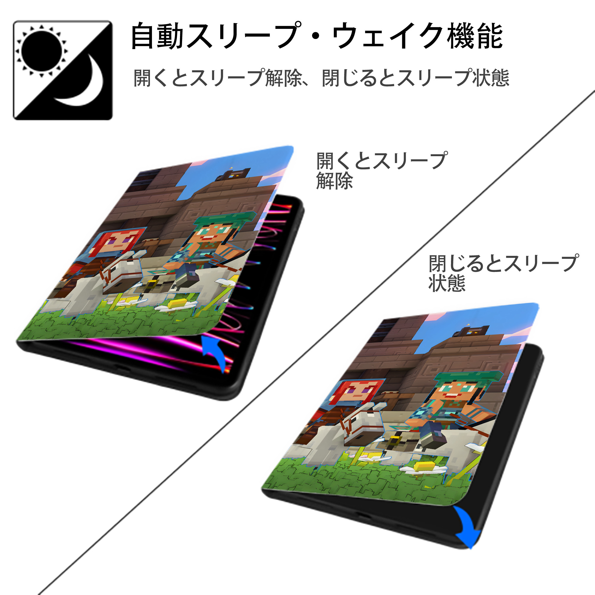 マインクラフト ブロックの世界 Minecraft MC Block world IPad ケース ブック型 PUレザー TPU 耐衝撃 軽量 薄型 ペン収納なし 全面保護 IPad 各モデル対応