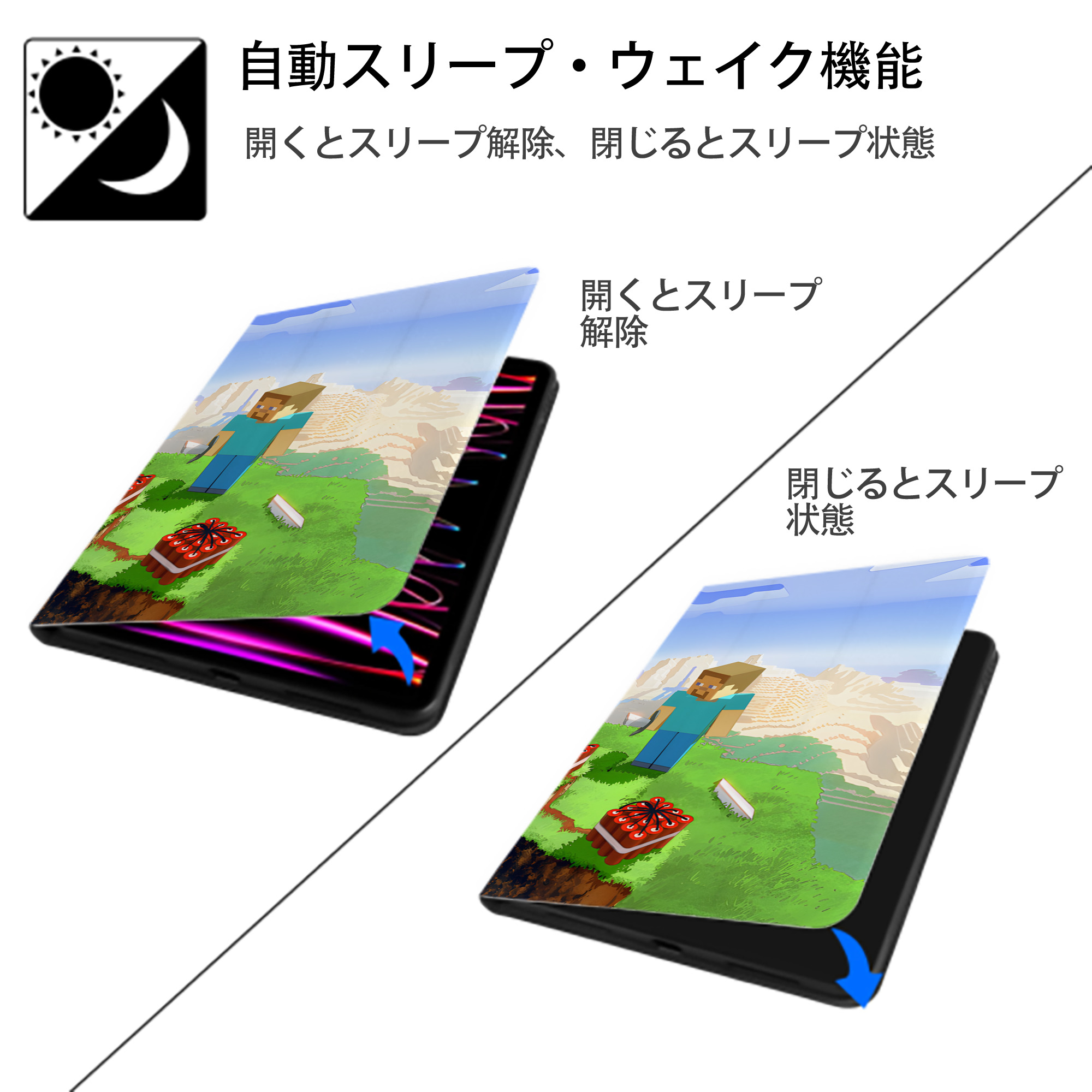 マインクラフト ブロックの世界 Minecraft MC Block world IPad ケース ブック型 PUレザー TPU 耐衝撃 軽量 薄型 ペン収納なし 全面保護 IPad 各モデル対応