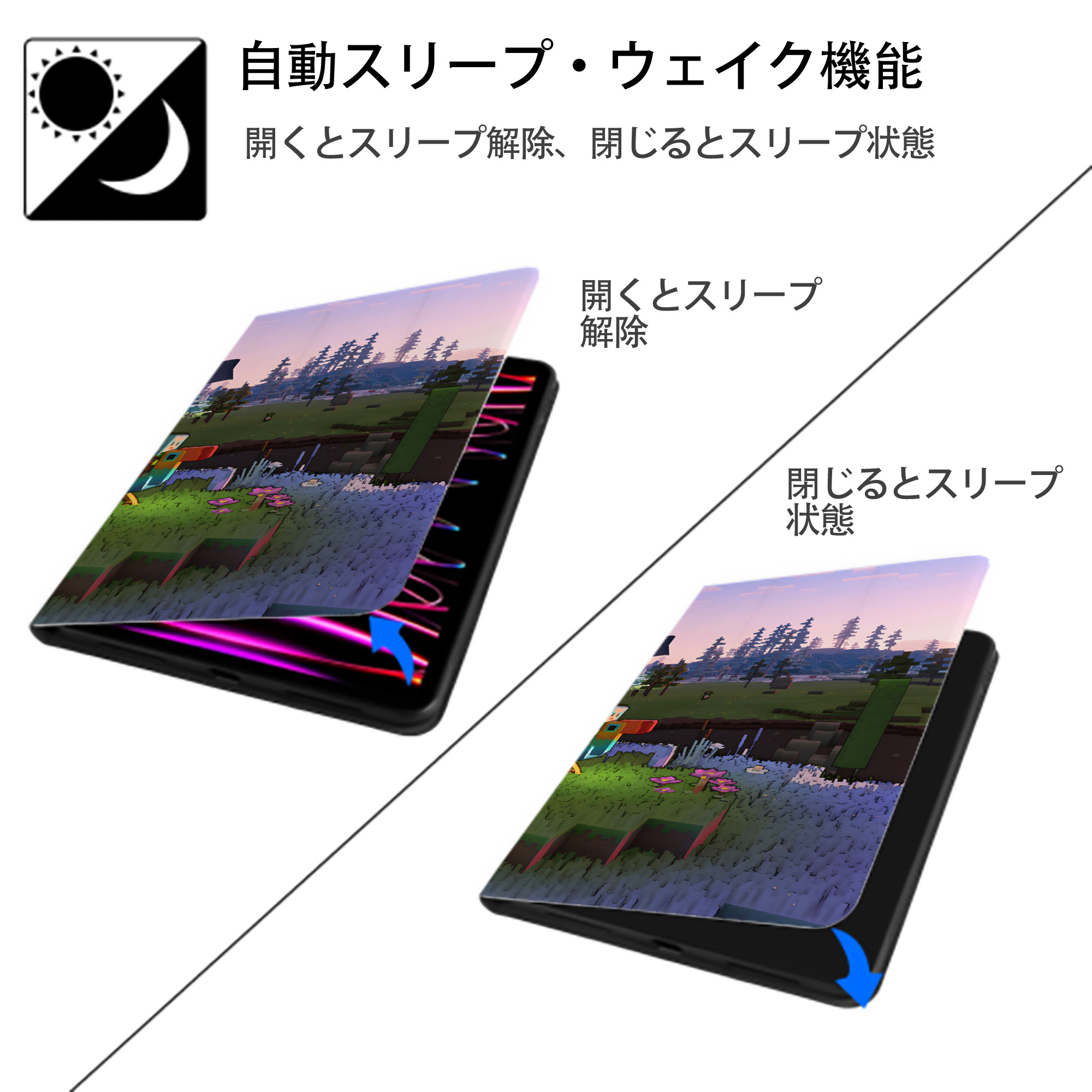 マインクラフト ブロックの世界 Minecraft MC Block world IPad ケース ブック型 PUレザー TPU 耐衝撃 軽量 薄型 ペン収納なし 全面保護 IPad 各モデル対応