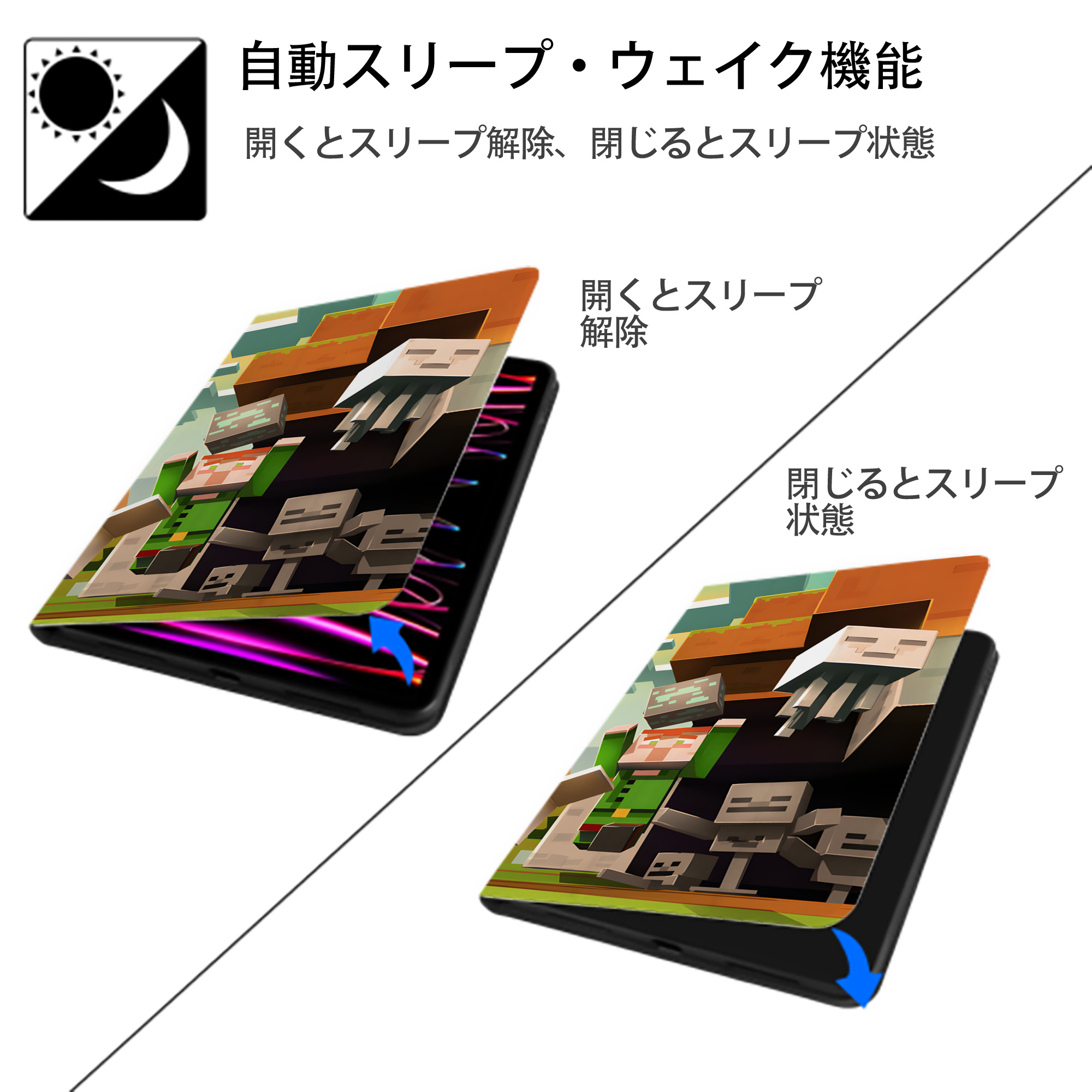 マインクラフト ブロックの世界 Minecraft MC Block world IPad ケース ブック型 PUレザー TPU 耐衝撃 軽量 薄型 ペン収納なし 全面保護 IPad 各モデル対応